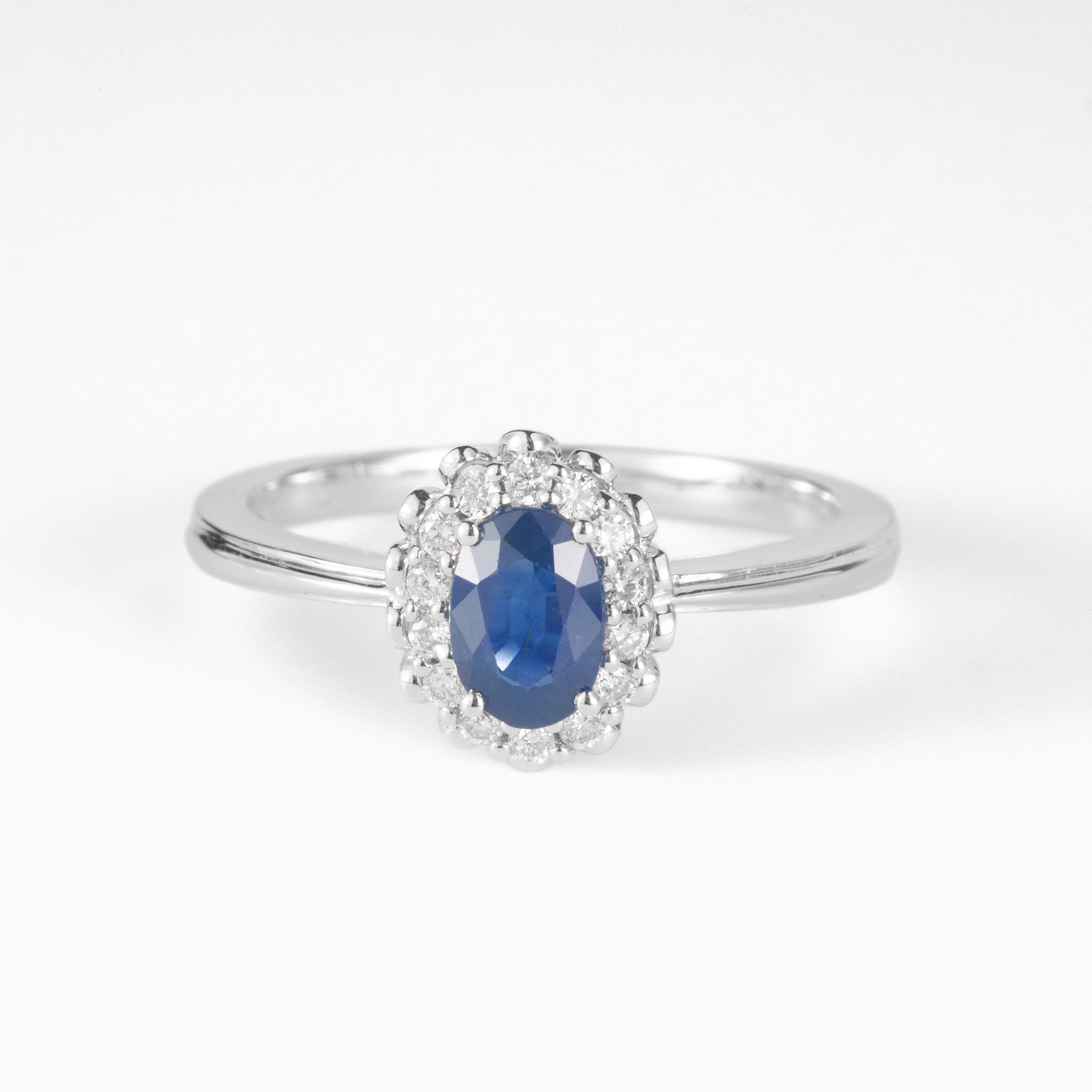0.64ct. Natural Blue Sapphire Diamond Halo Ring in 14K White Gold - JewelryAndStore