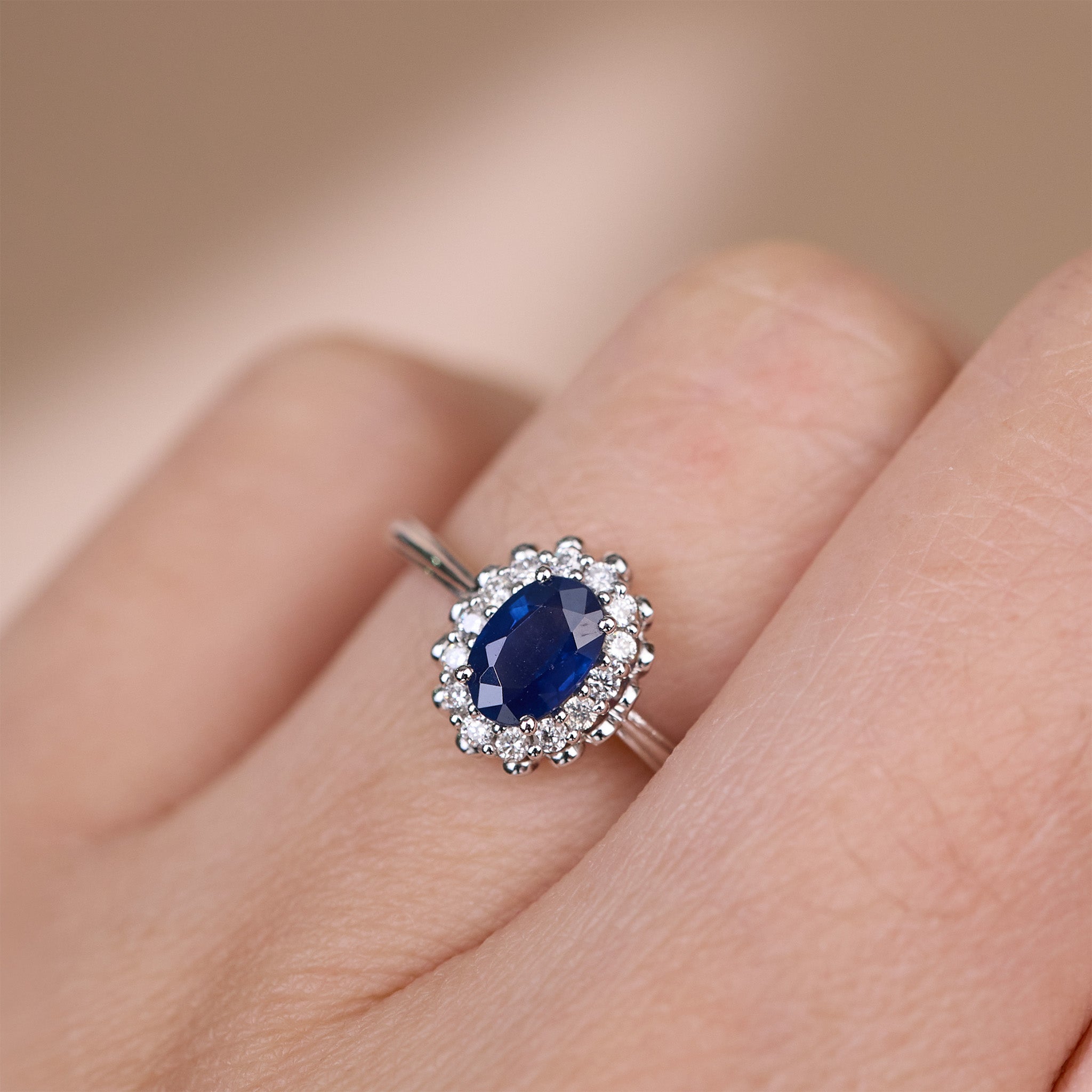 0.64ct. Natural Blue Sapphire Diamond Halo Ring in 14K White Gold - JewelryAndStore