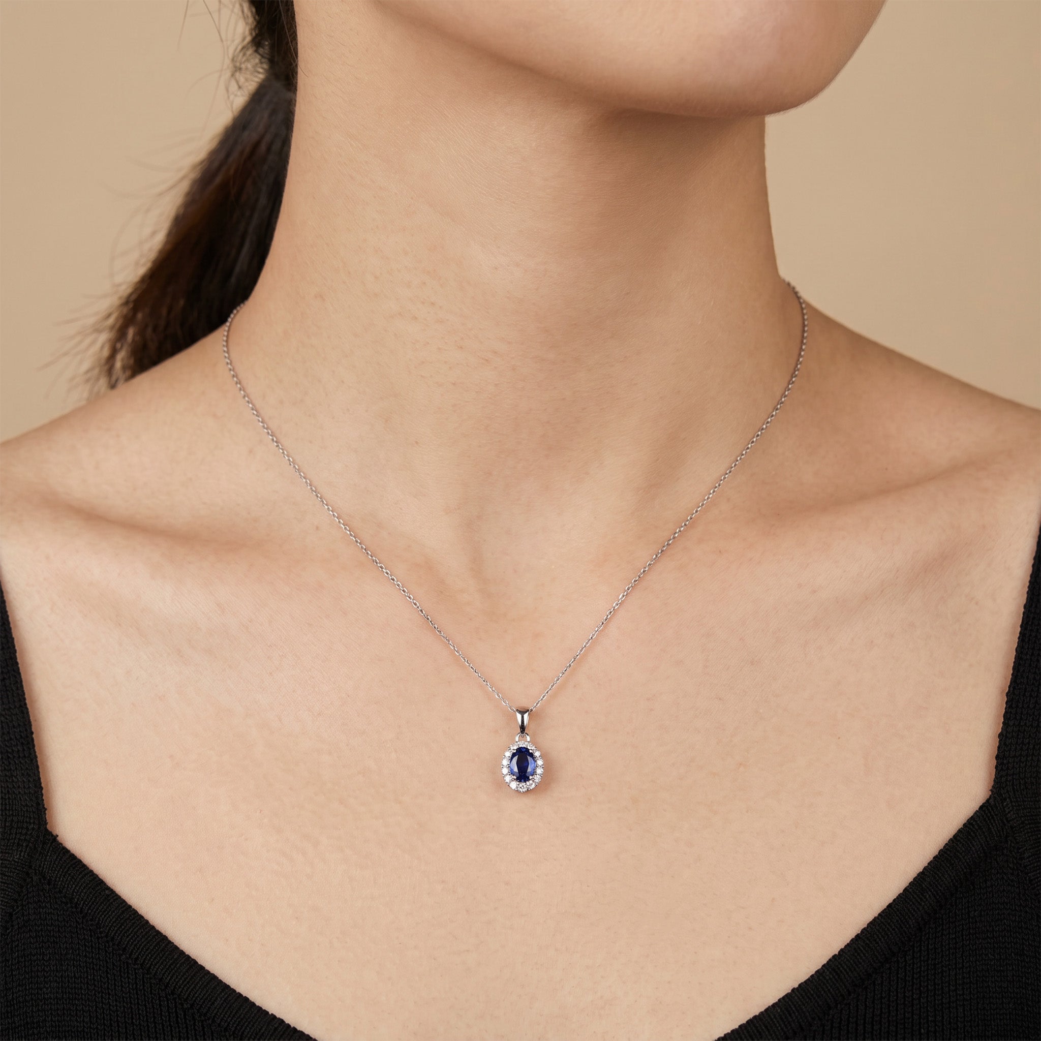 0.91ct Natural Blue Sapphire and Diamond Halo Pendant in 14K White Gold - JewelryAndStore