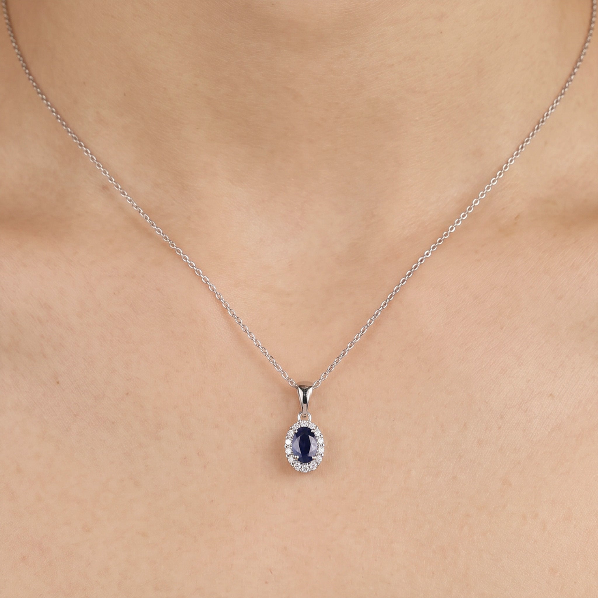 0.91ct Natural Blue Sapphire and Diamond Halo Pendant in 14K White Gold - JewelryAndStore