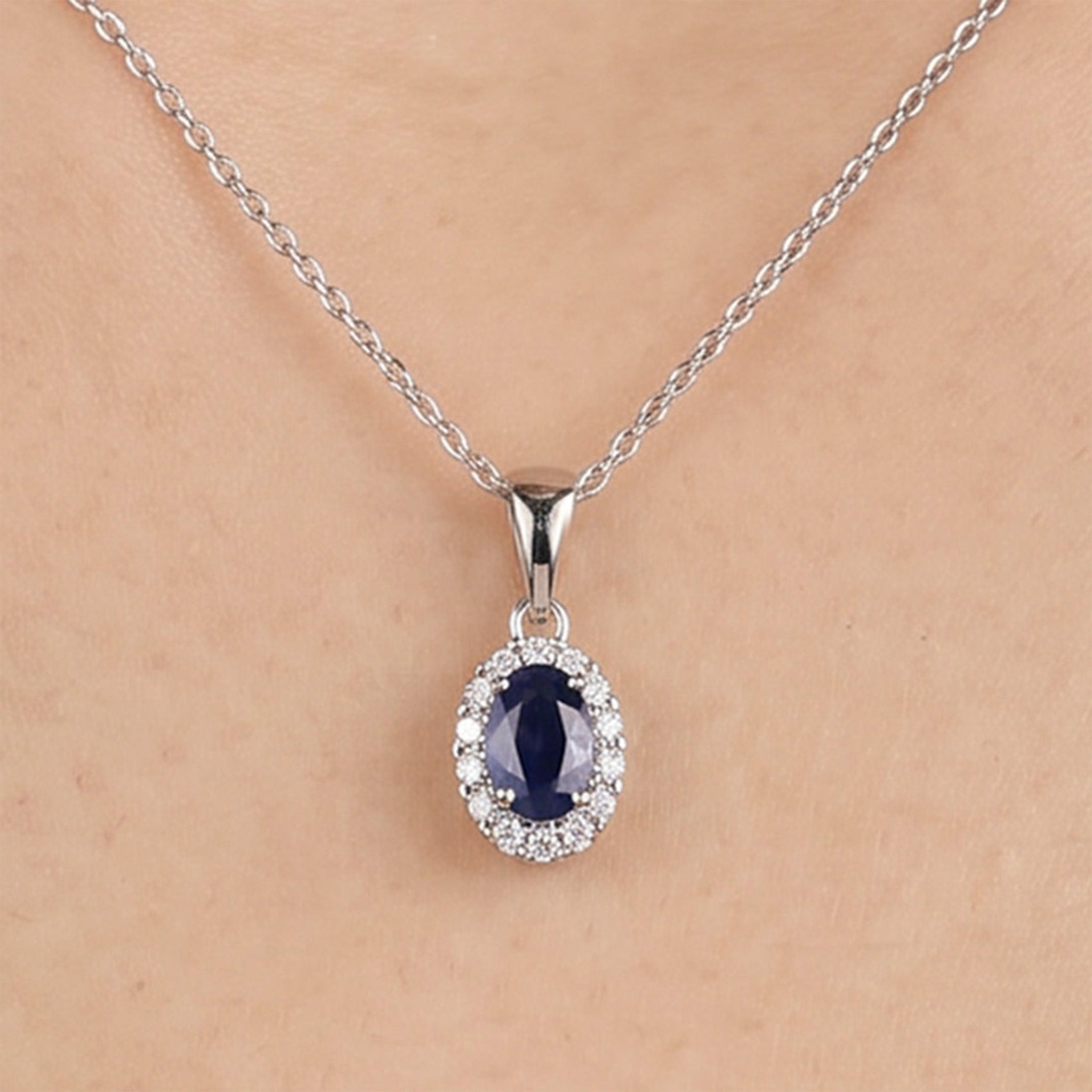0.91ct Natural Blue Sapphire and Diamond Halo Pendant in 14K White Gold - JewelryAndStore