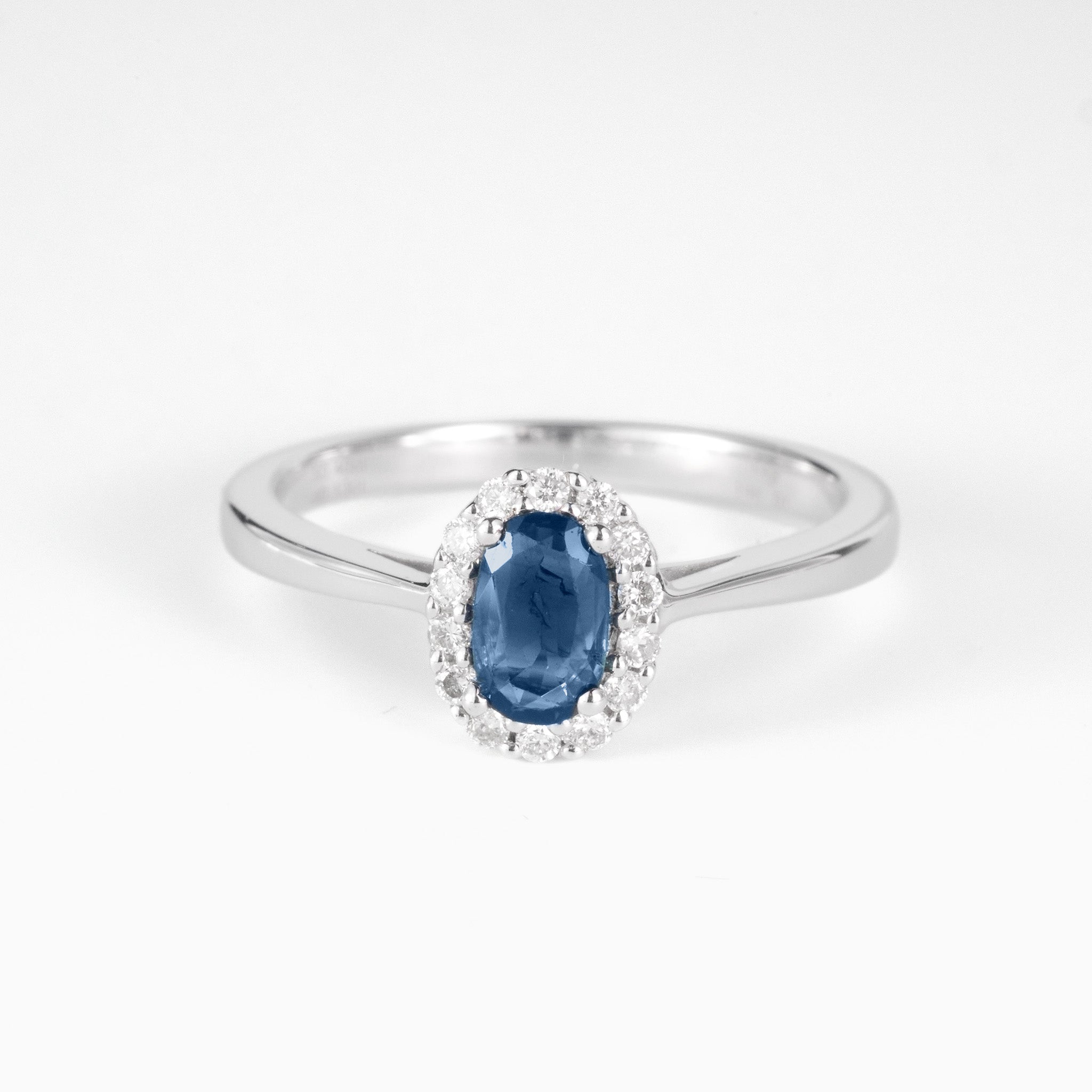 0.40ct. Natural Blue Sapphire Scalloped Diamond Halo Ring in 14K White Gold - JewelryAndStore