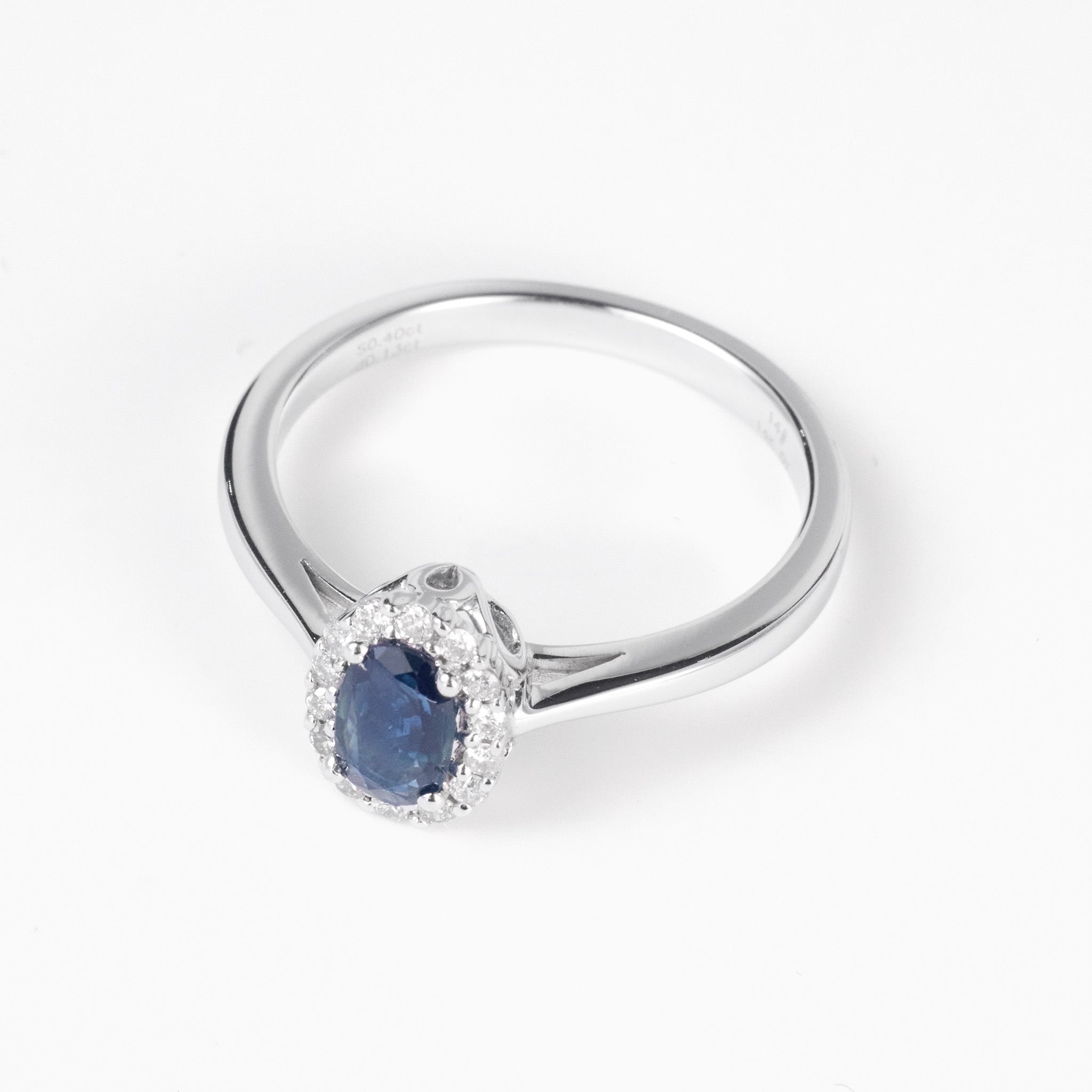 0.40ct. Natural Blue Sapphire Scalloped Diamond Halo Ring in 14K White Gold - JewelryAndStore