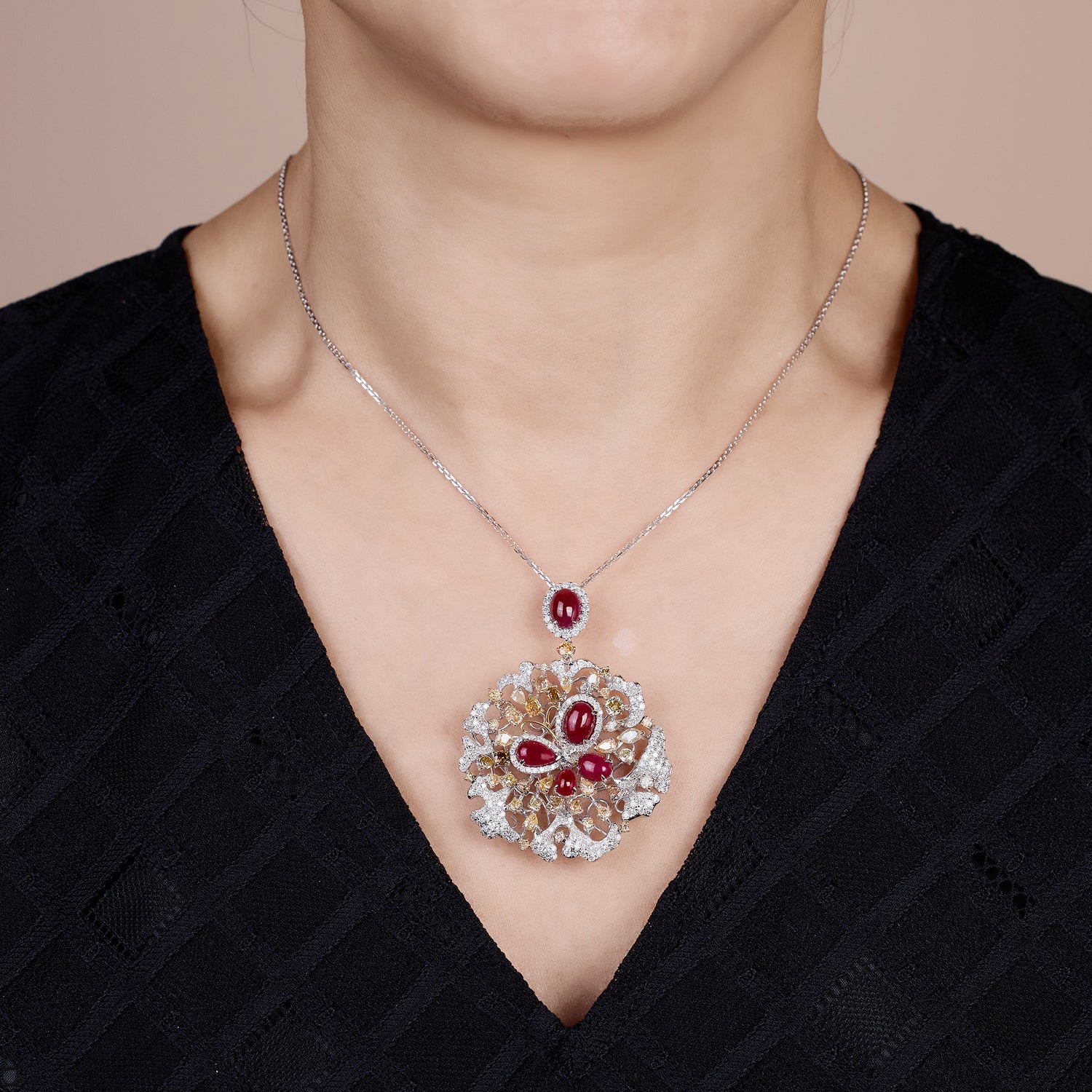 18K Gold Diamond and Ruby Floral Pendant - Jewelry And Store