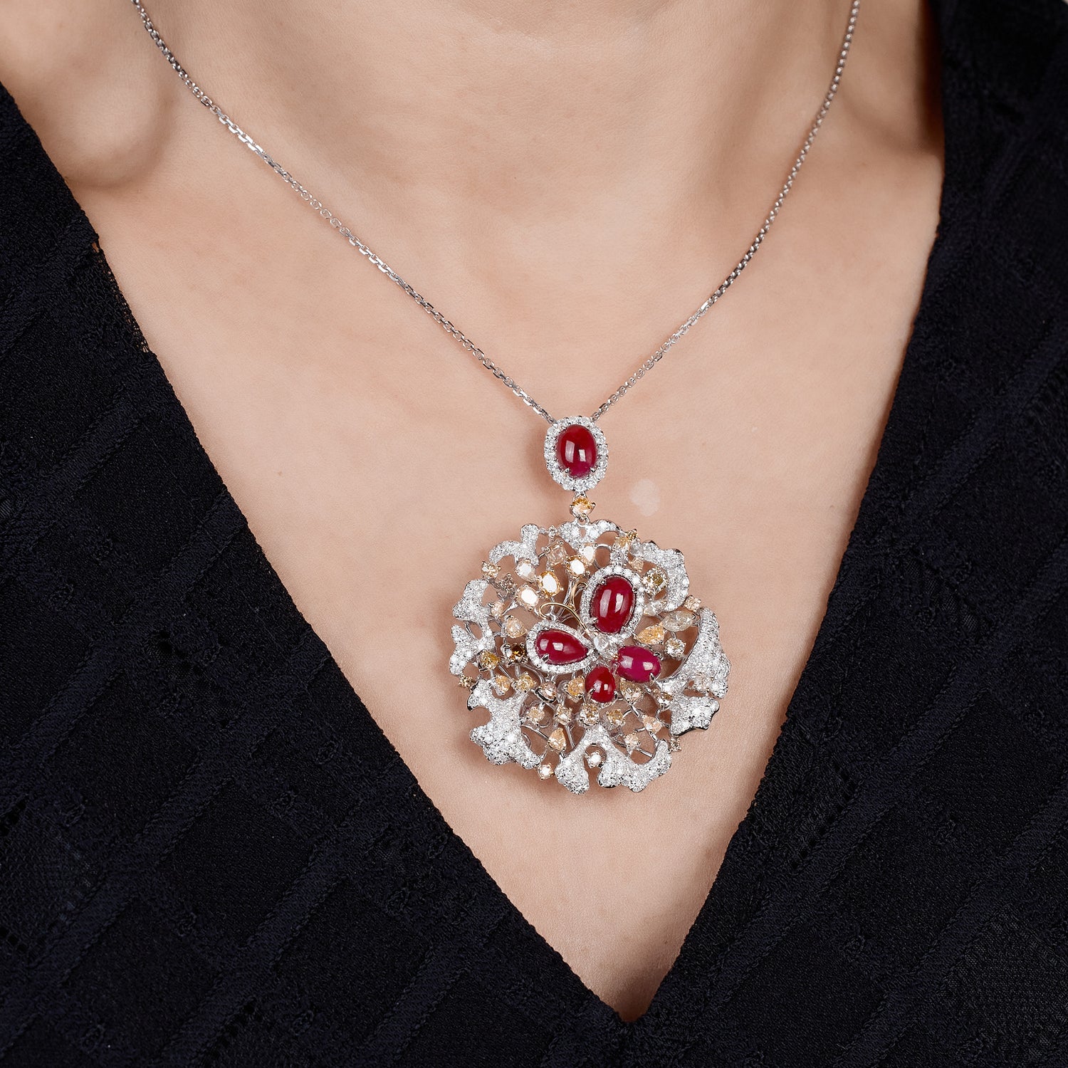 18K Gold Diamond and Ruby Floral Pendant - Jewelry And Store