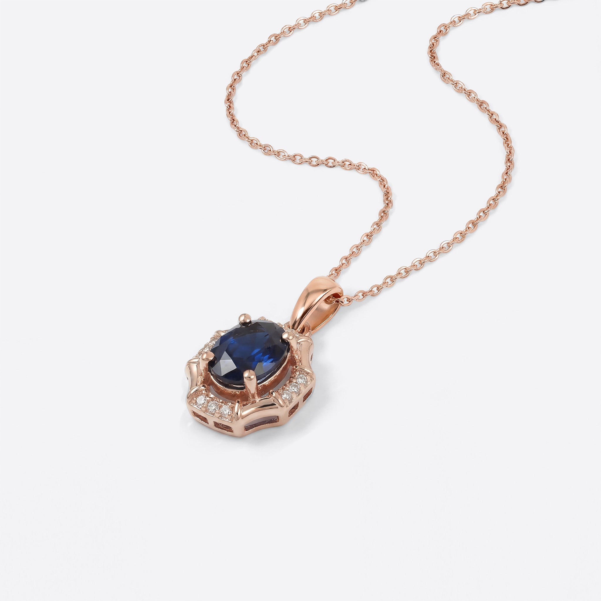 0.95ct Natural Blue Sapphire and Diamond Pendant in 18K Rose Gold - JewelryAndStore