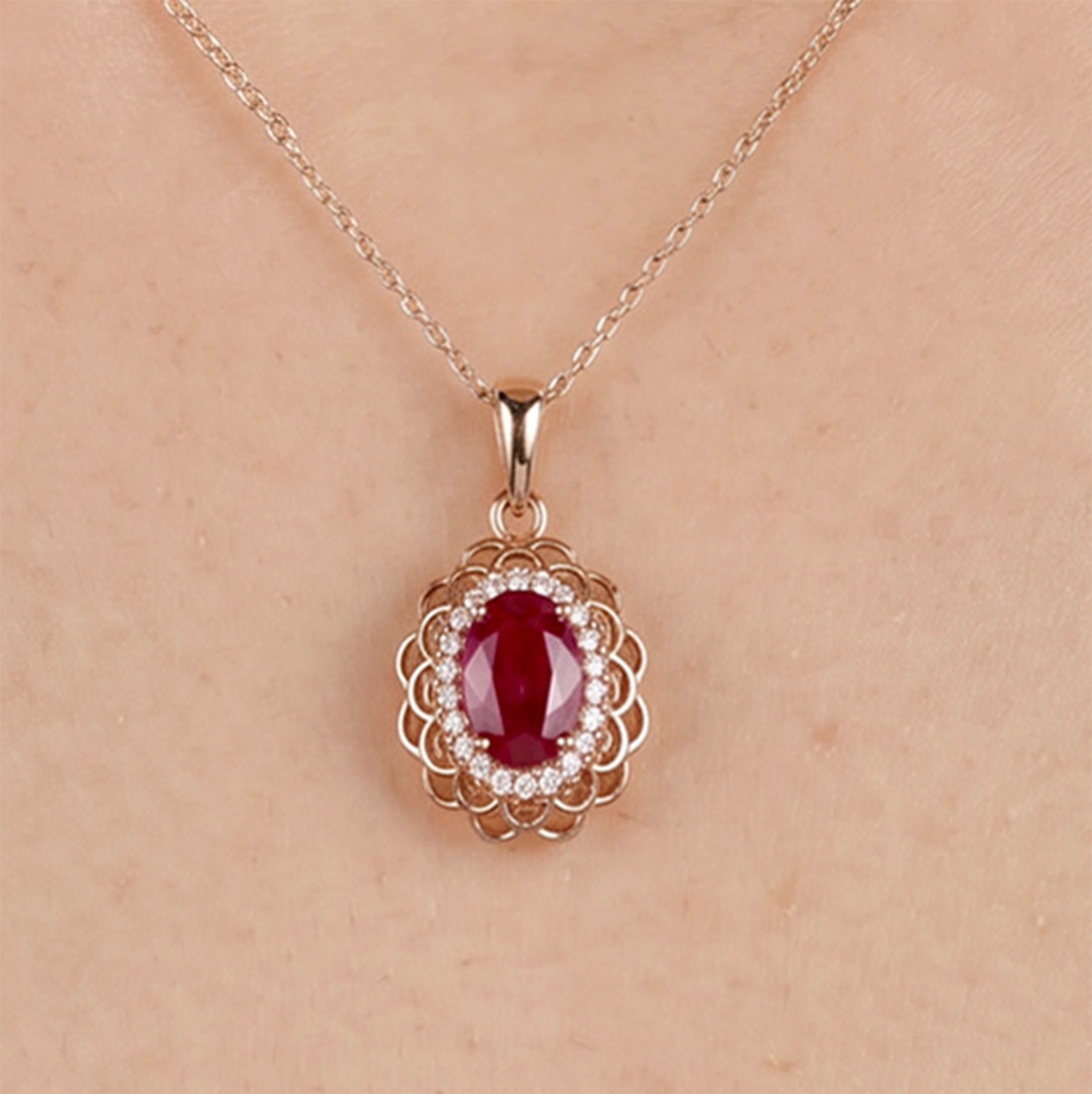 0.94ct Natural Ruby and Diamond Floral Halo Pendant in 18K Rose Gold - JewelryAndStore