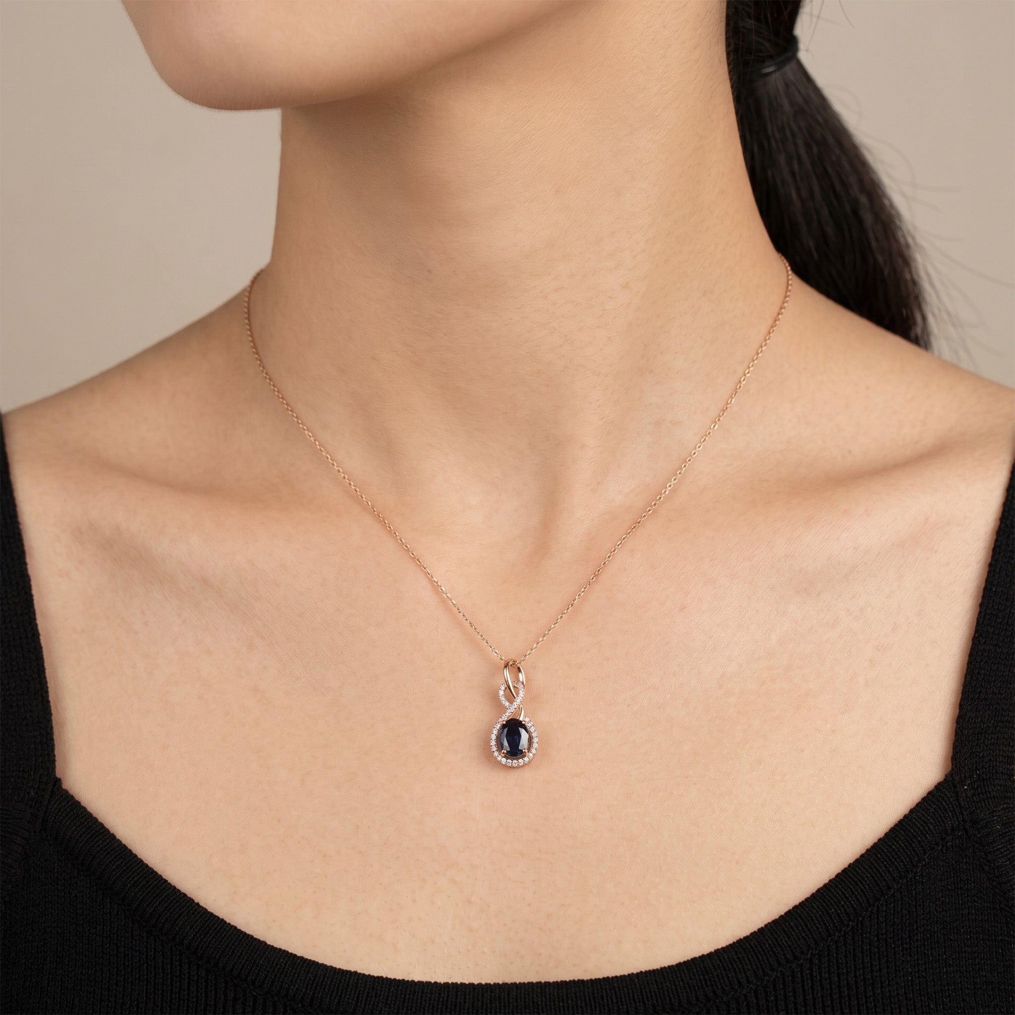 1.01ct Natural Blue Sapphire and Diamond Infinity Pendant in 18K Rose Gold - JewelryAndStore