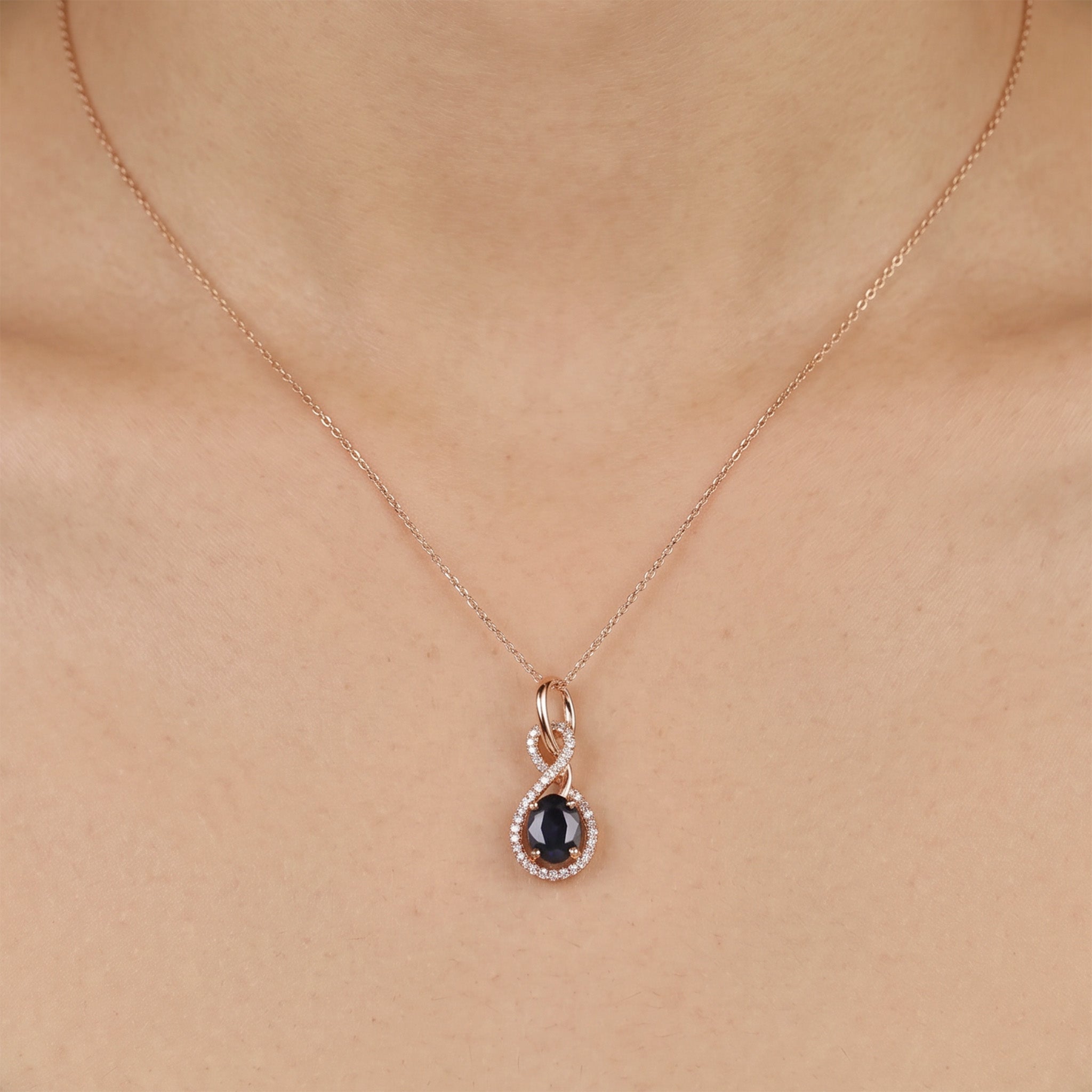 1.01ct Natural Blue Sapphire and Diamond Infinity Pendant in 18K Rose Gold - JewelryAndStore