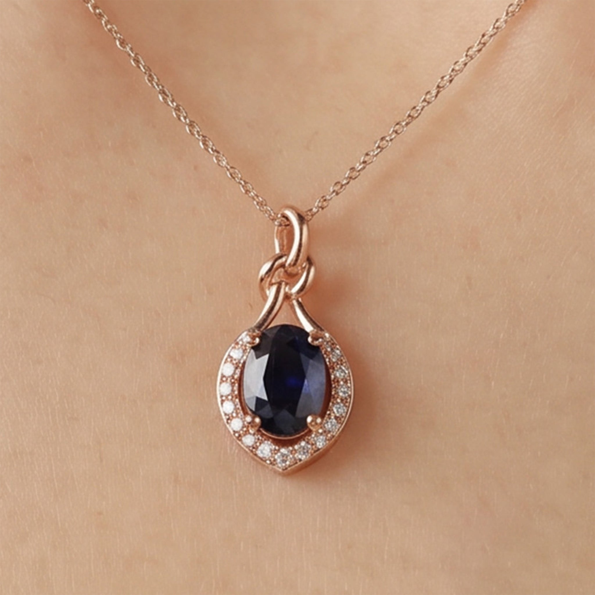 0.98ct Natural Blue Sapphire and Diamond Infinity Twist Pendant in 18K Rose Gold - JewelryAndStore