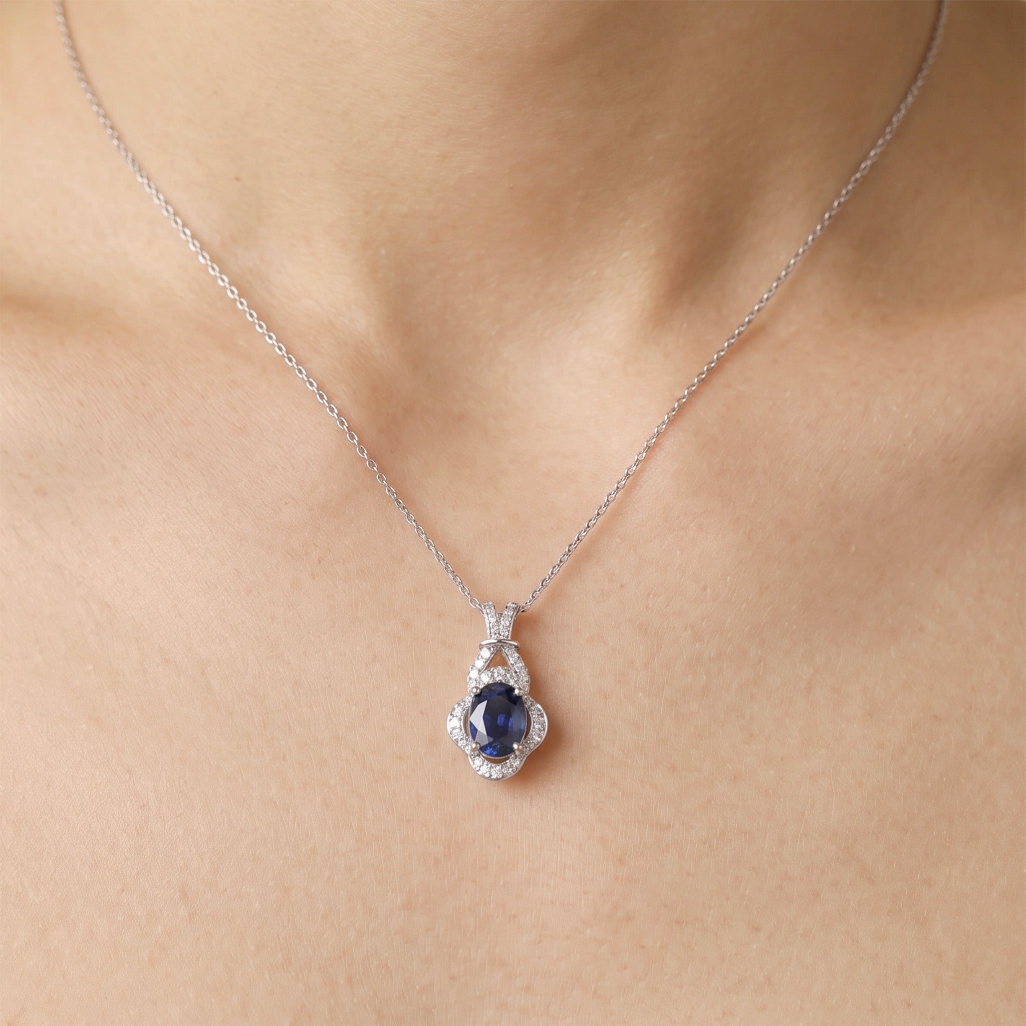 1.01ct Natural Blue Sapphire Diamond Pendant 18K White Gold - JewelryAndStore