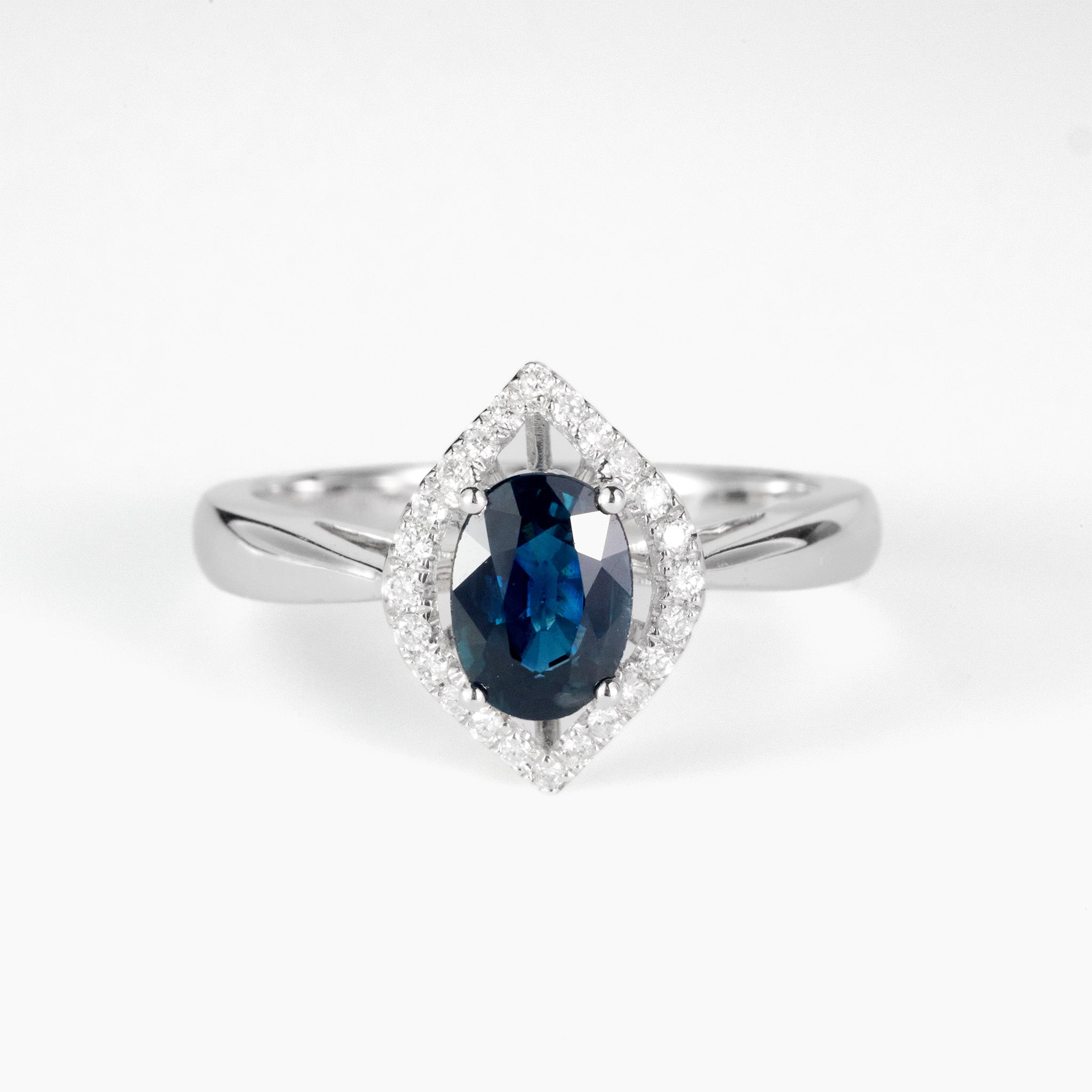 1.01ct Natural Blue Sapphire Diamond Kite Halo Ring in 18K White Gold - JewelryAndStore