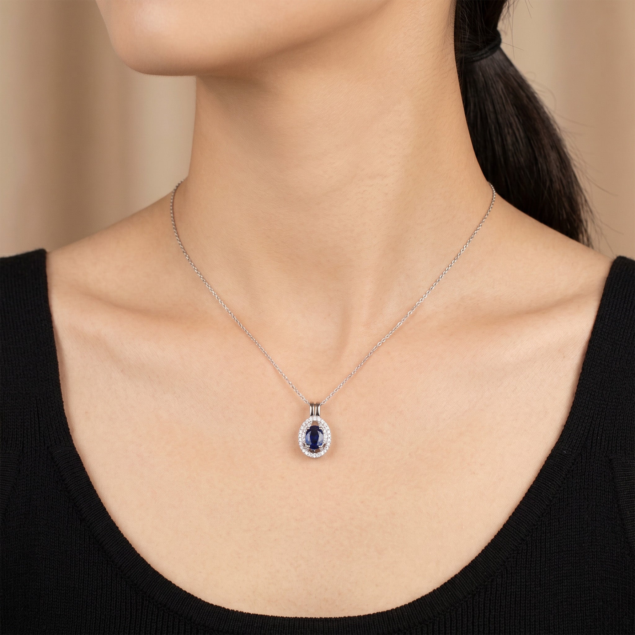 0.81ct Natural Blue Sapphire and Diamond Halo Pendant in 18K White Gold - JewelryAndStore