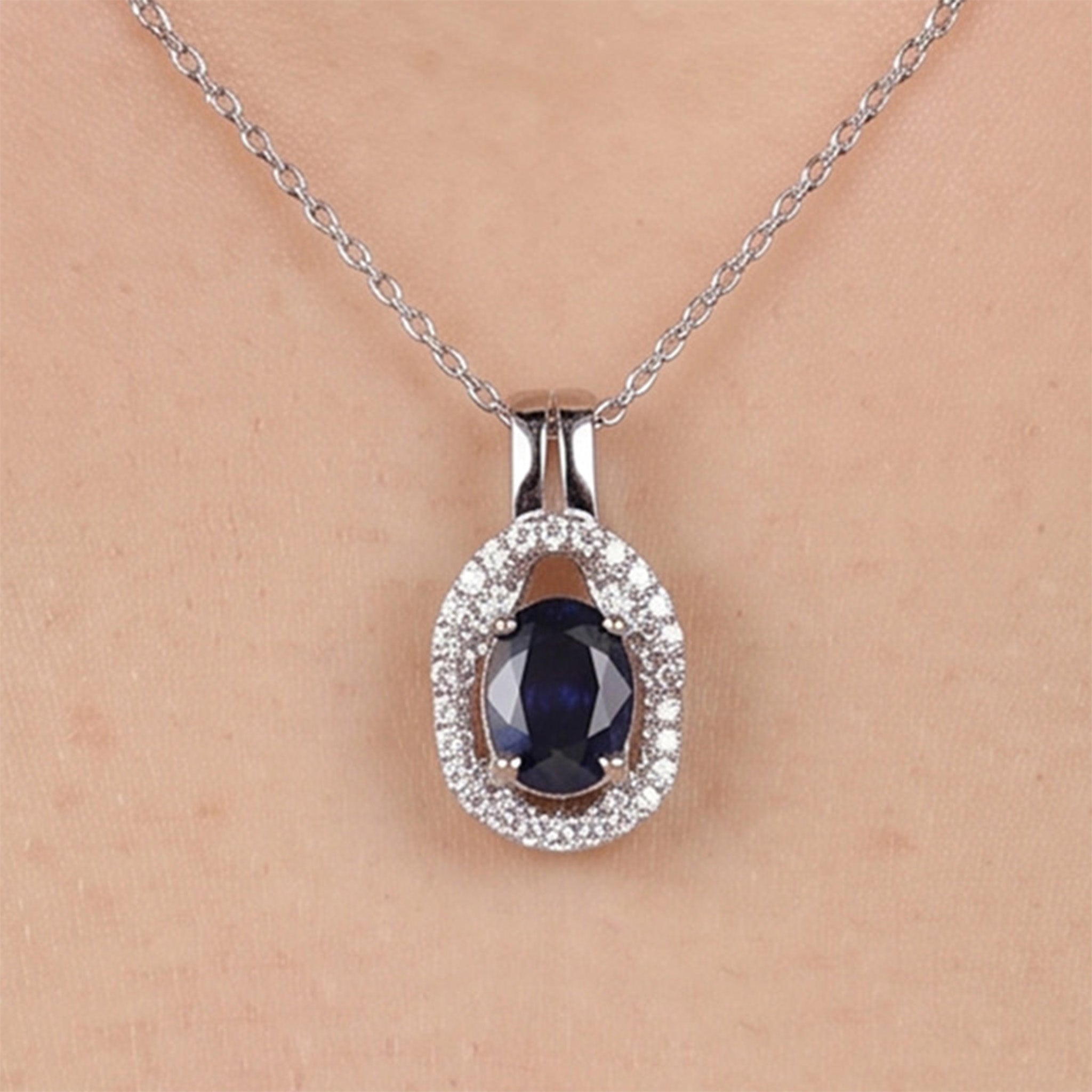 0.81ct Natural Blue Sapphire and Diamond Halo Pendant in 18K White Gold - JewelryAndStore