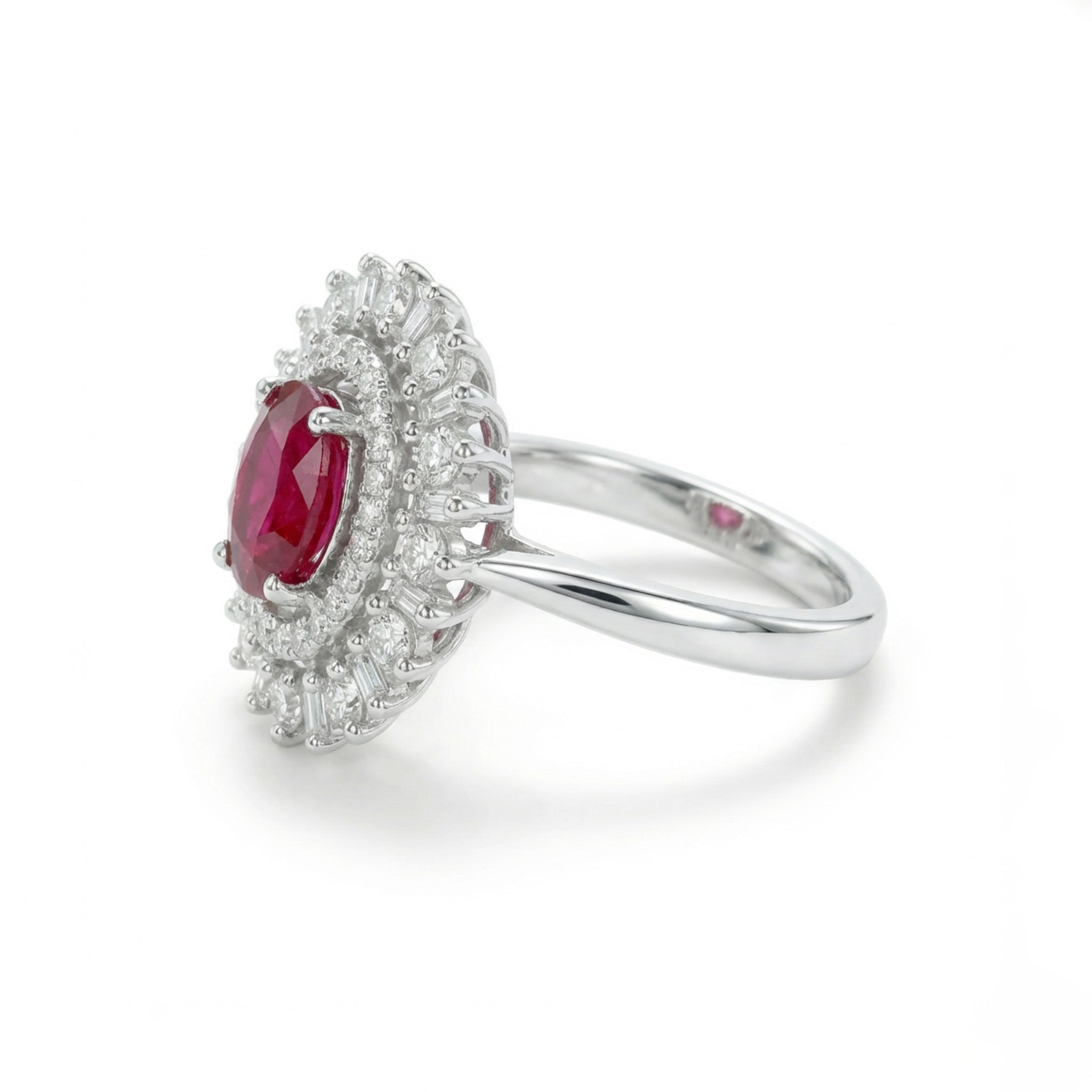 1.14ct Natural Ruby and Mixed Cut Diamond Halo Cocktail Ring in 18K White Gold - JewelryAndStore