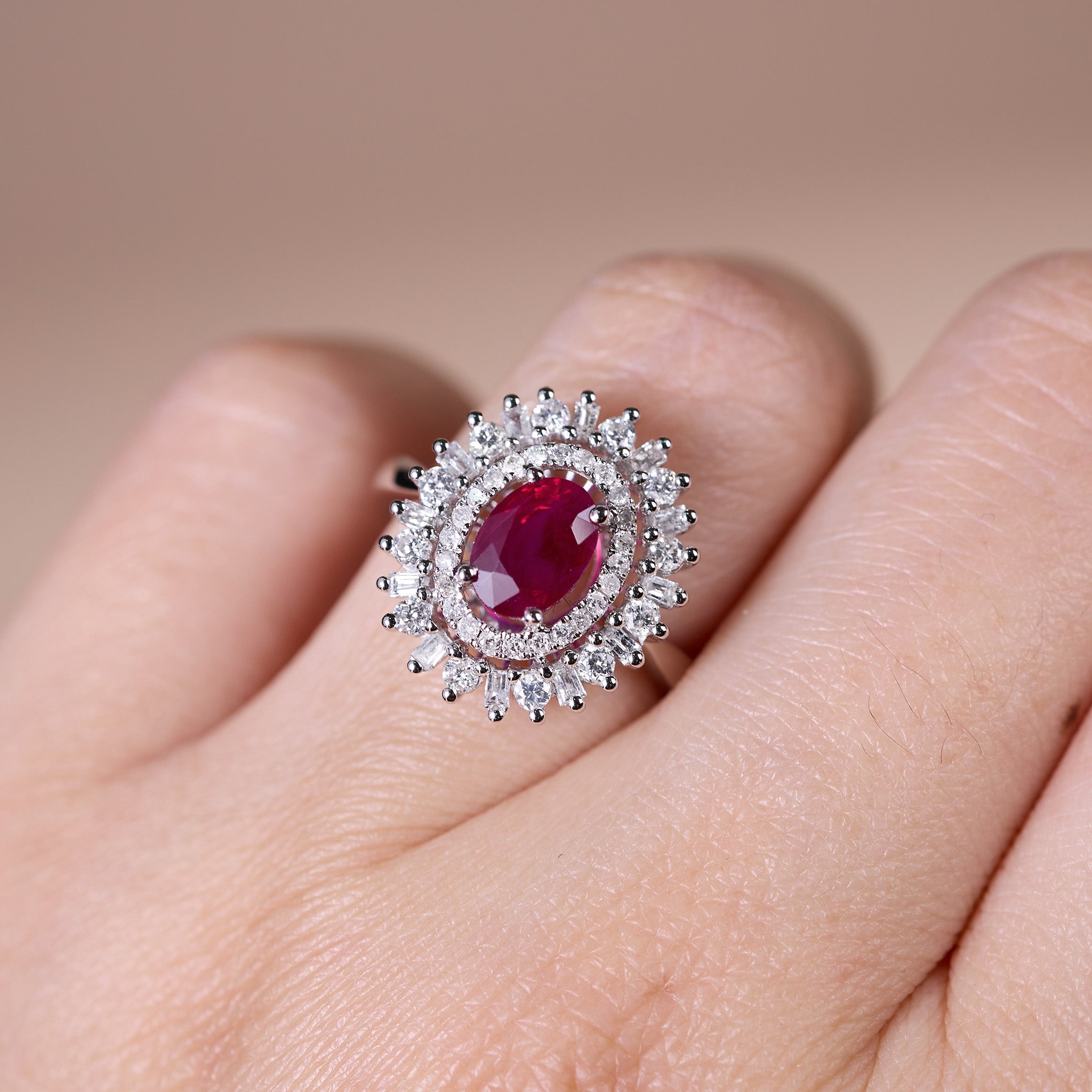 1.14ct Natural Ruby and Mixed Cut Diamond Halo Cocktail Ring in 18K White Gold - JewelryAndStore