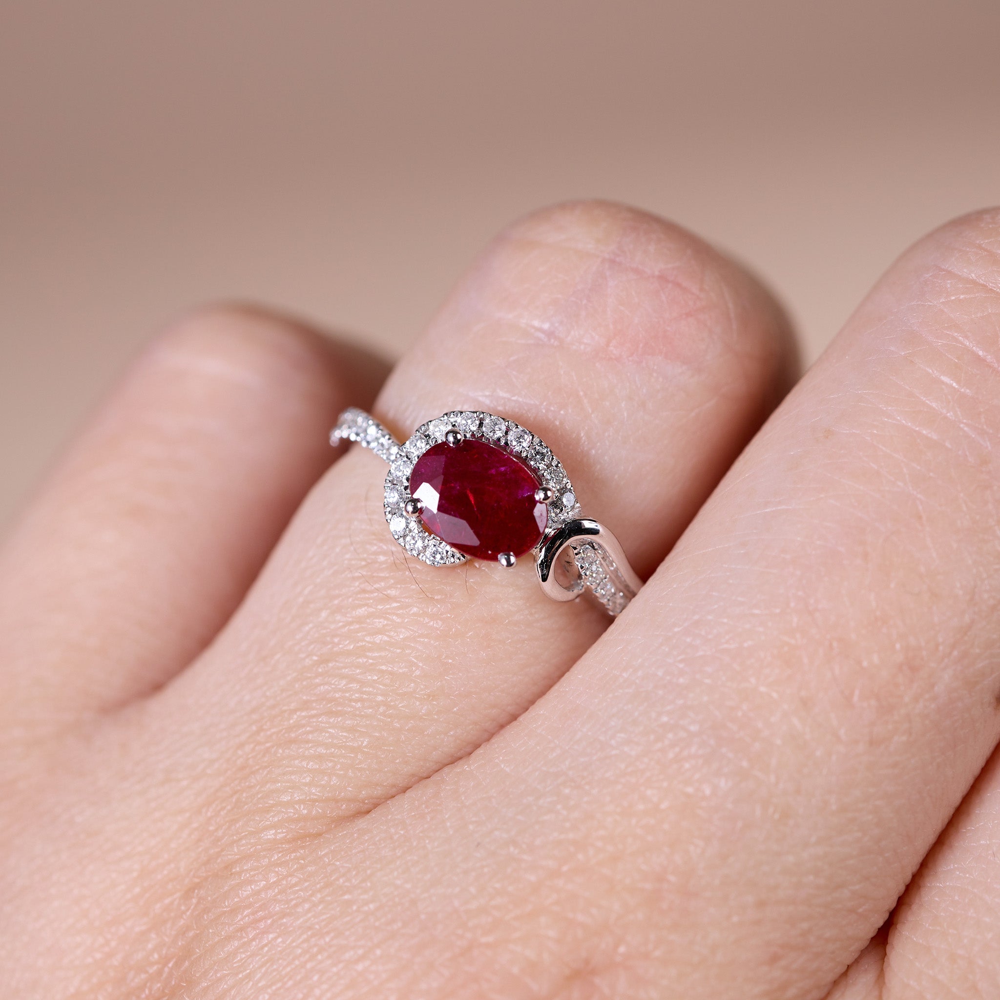 0.93ct Natural Ruby Diamond Halo Solitaire Ring in 18K White Gold - JewelryAndStore