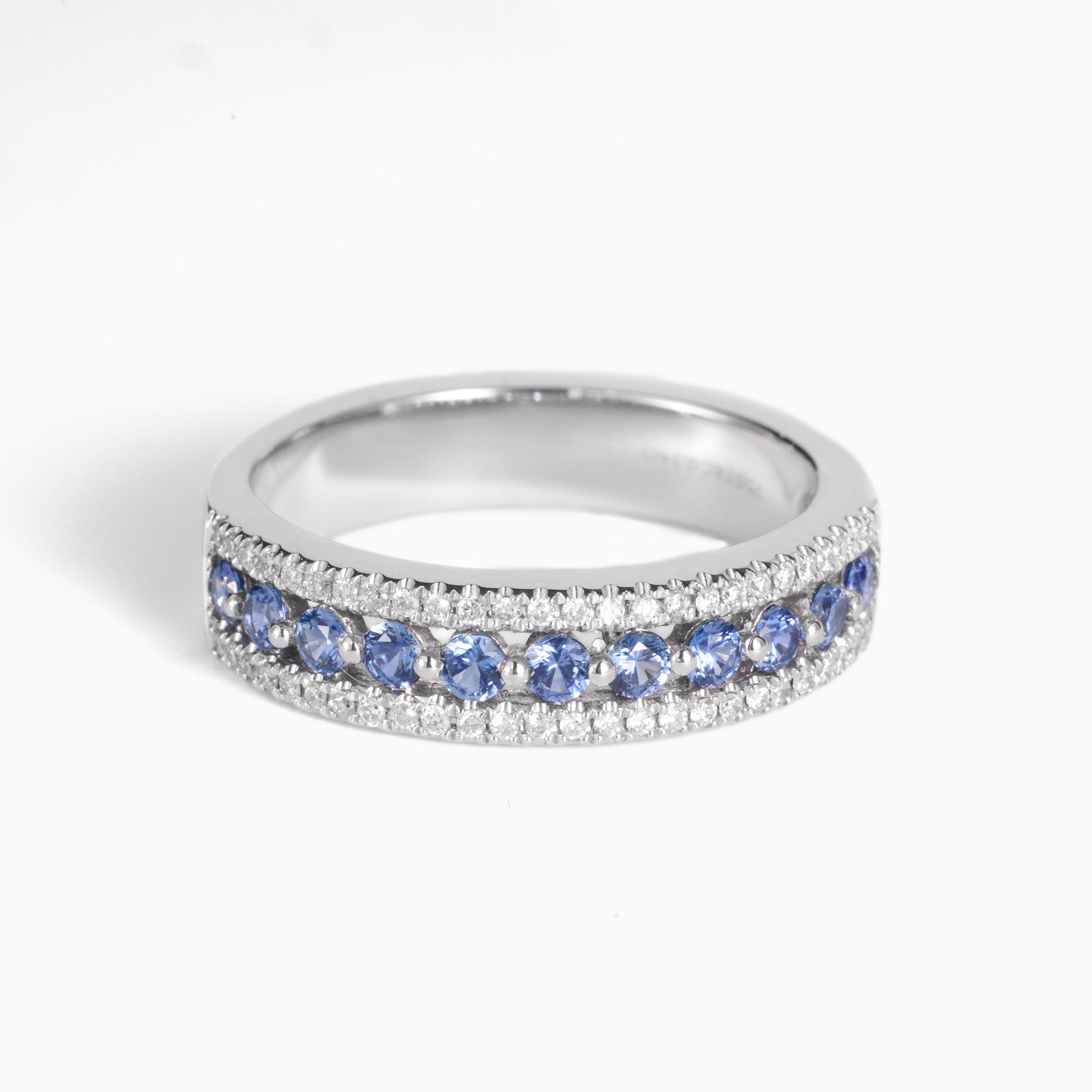 Natural Blue Sapphire and Diamond Half Eternity Band in 18K White Gold - JewelryAndStore