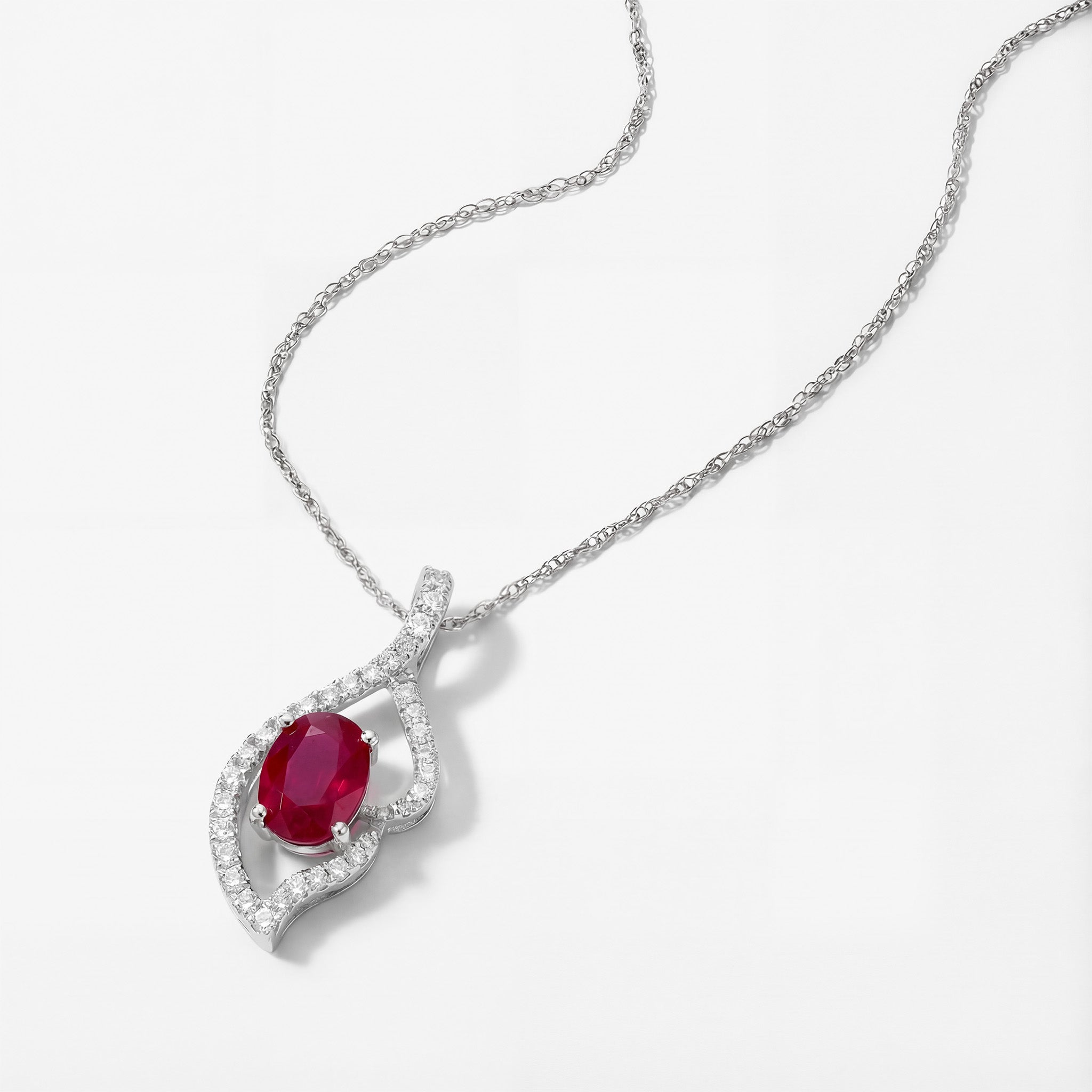 0.87ct Natural Ruby and Diamond Wave Pendant in 18K White Gold - JewelryAndStore