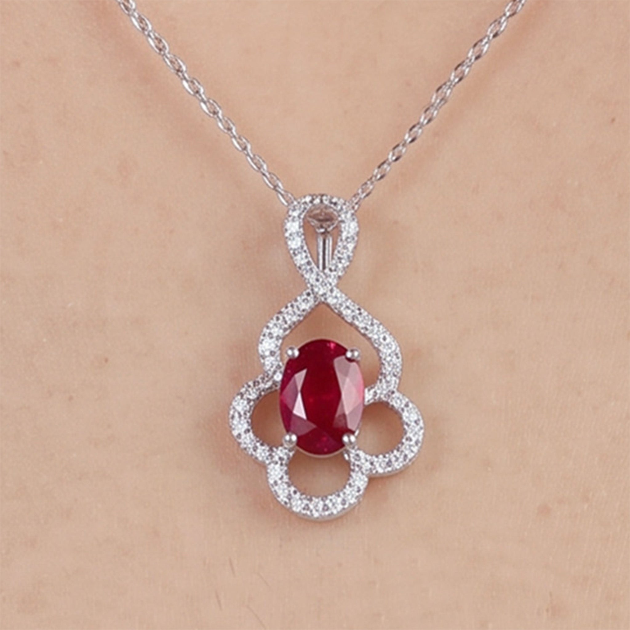 Product title 0.69ct Natural Ruby and Diamond Floral Pendant in 18K White Gold - JewelryAndStore