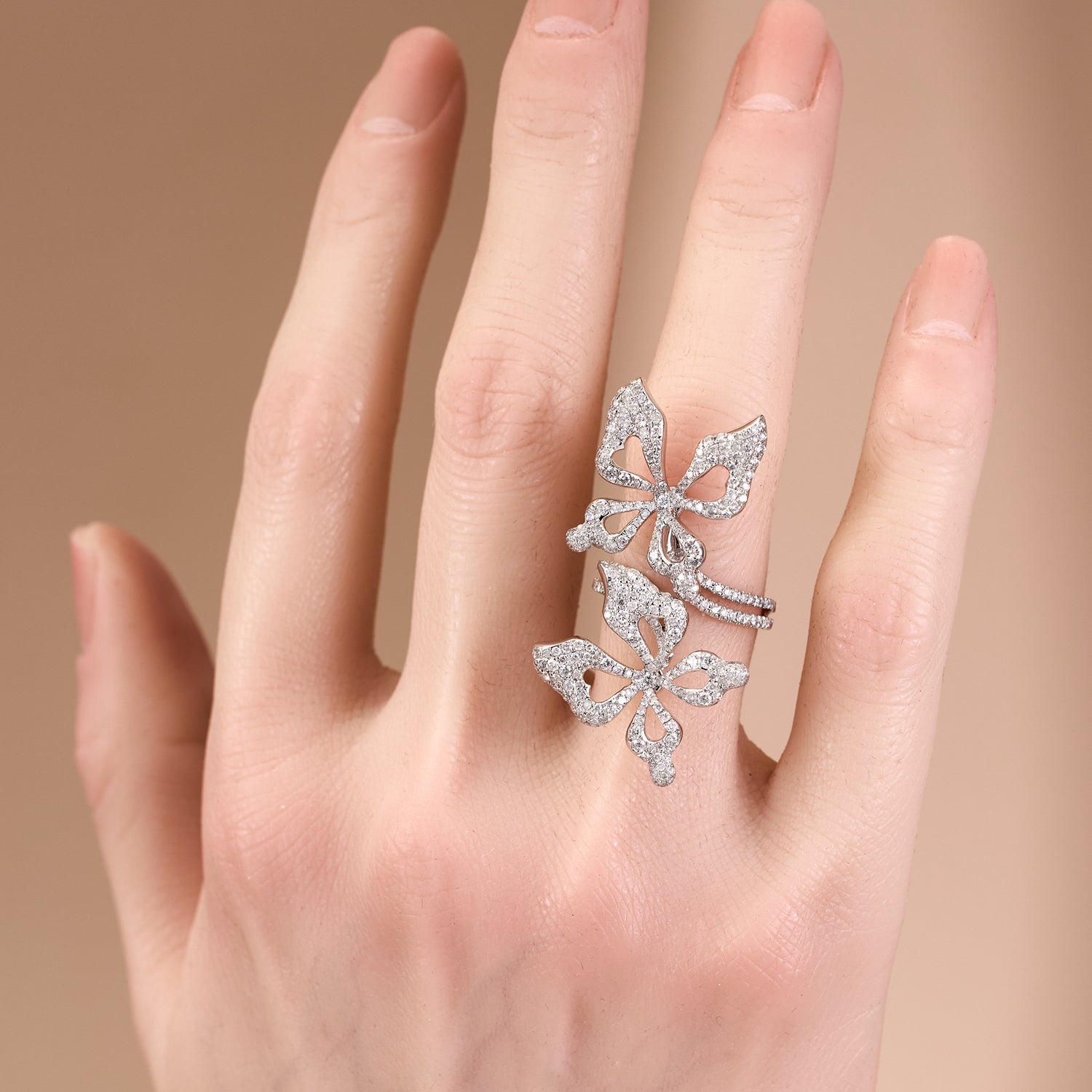 18K White Gold Double Butterfly Diamond Ring - Jewelry And Store