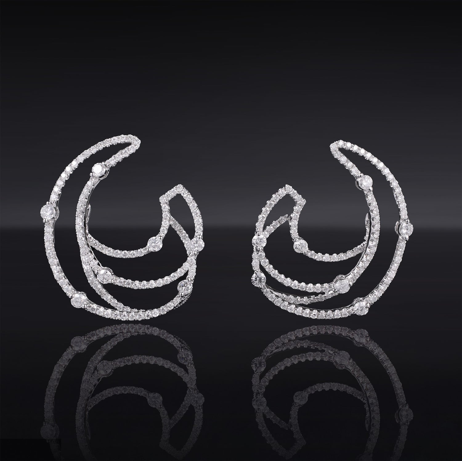 Natural Diamond Triple Crescent Earrings in 18K White Gold - Jewelry And Store