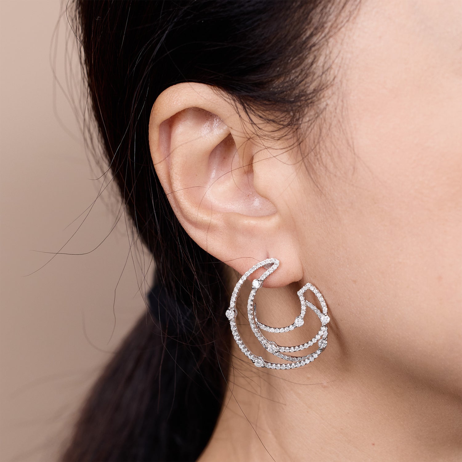 Natural Diamond Triple Crescent Earrings in 18K White Gold - Jewelry And Store