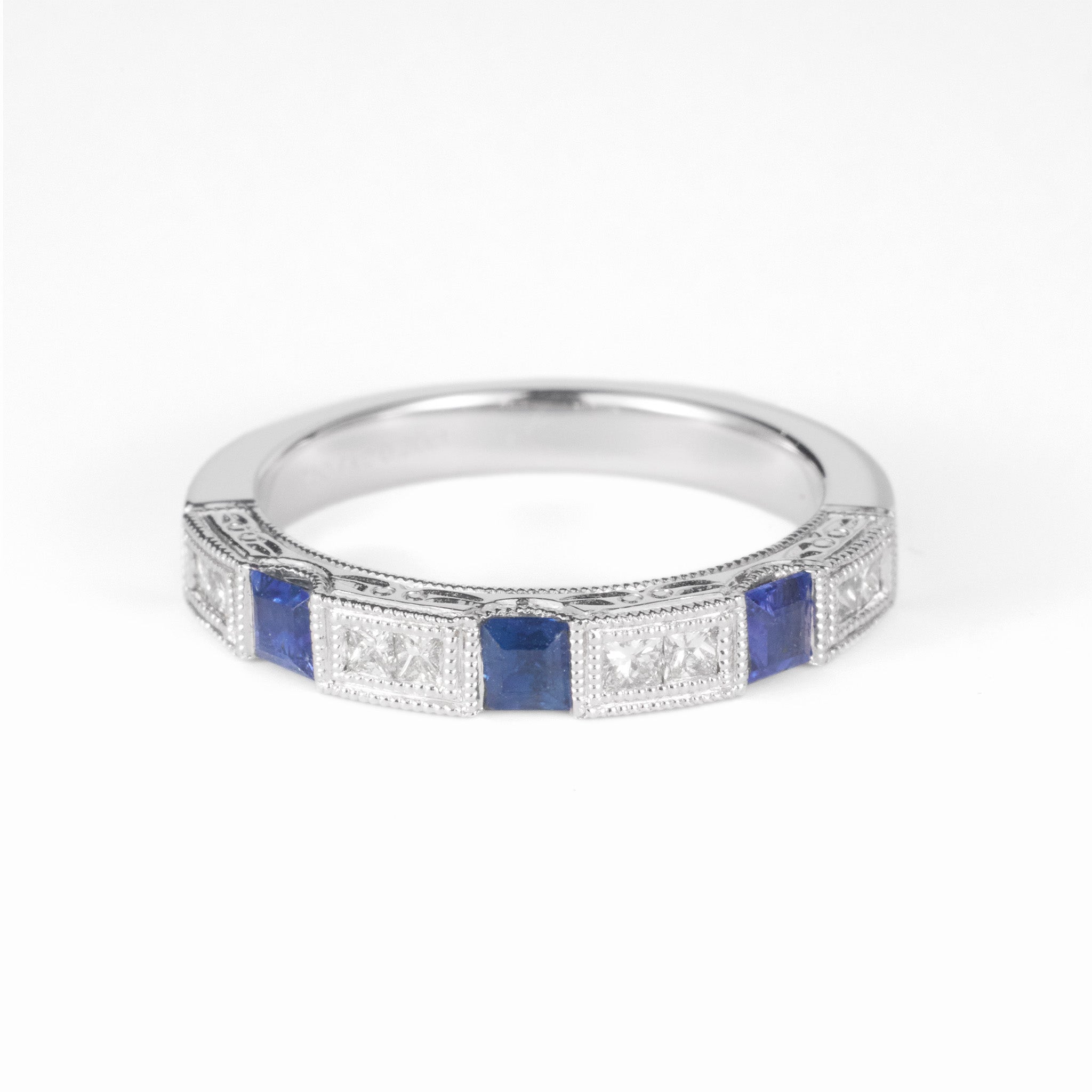 Art Deco Sapphire & Princess - Cut Diamond Milgrain Eternity Ring in 18K Gold - JewelryAndStore