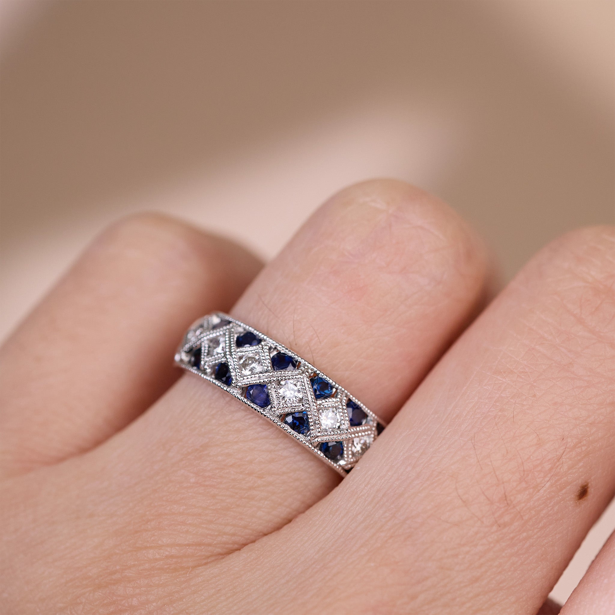 Art Deco Style Diamond and Blue Sapphire Band Ring in 14K Gold - JewelryAndStore