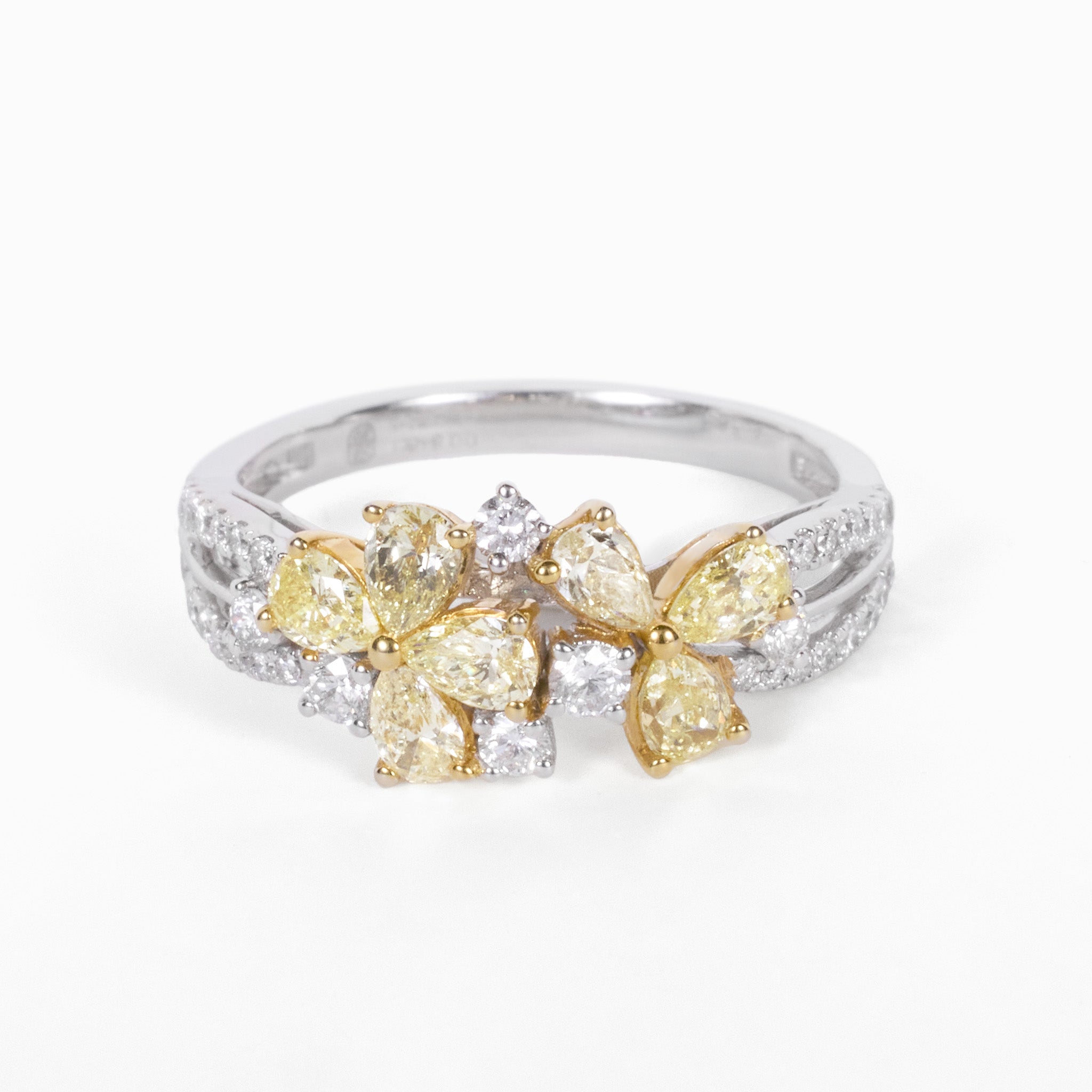 14K Two - Tone Double - Flower Ring with Natural Yellow Diamonds - JewelryAndStore