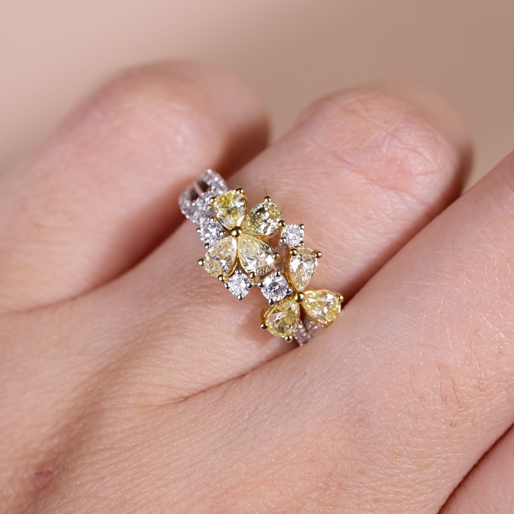 14K Two - Tone Double - Flower Ring with Natural Yellow Diamonds - JewelryAndStore