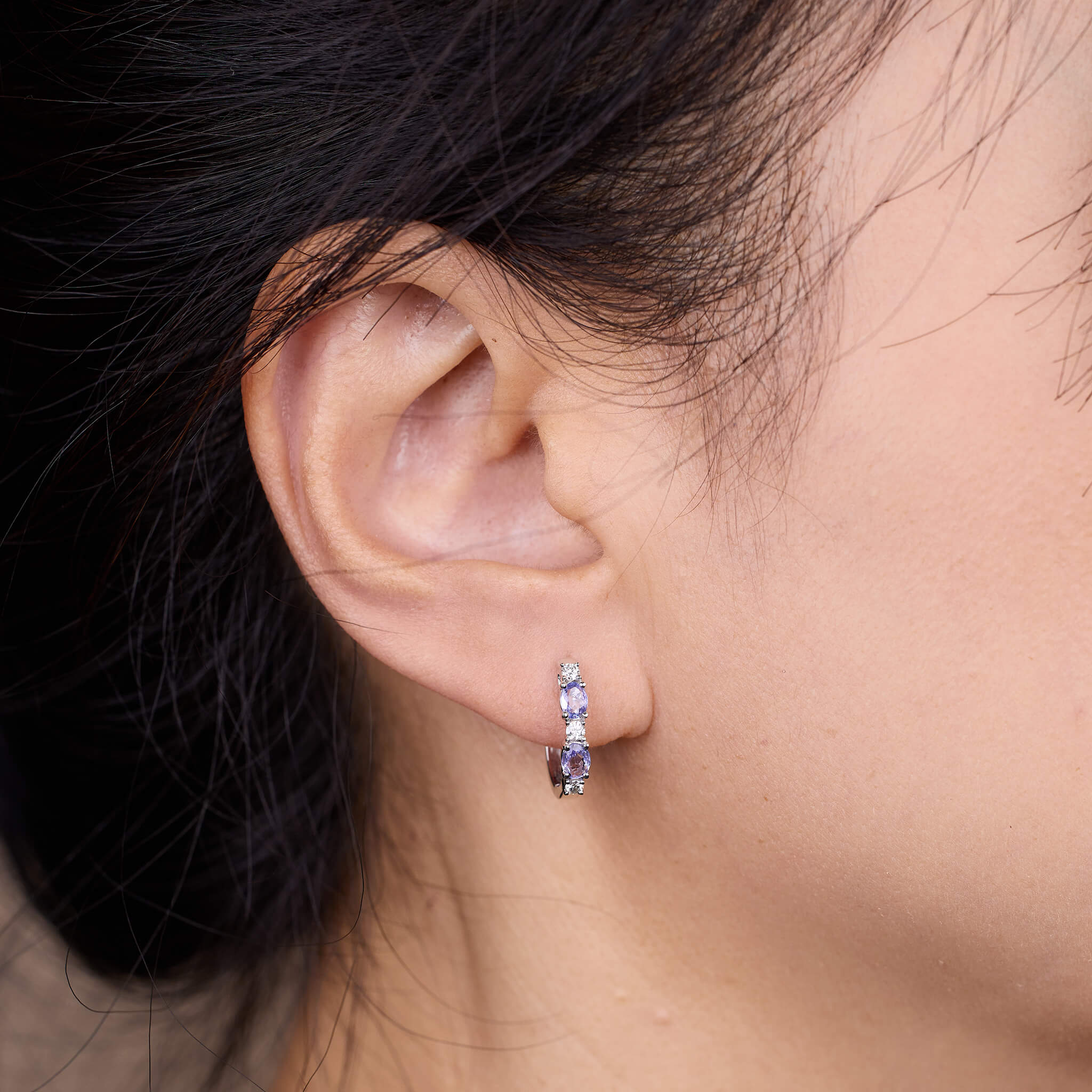 18K Gold Lavender Tanzanite and Diamond Alternating Hoop Earrings - Jewelry And Store