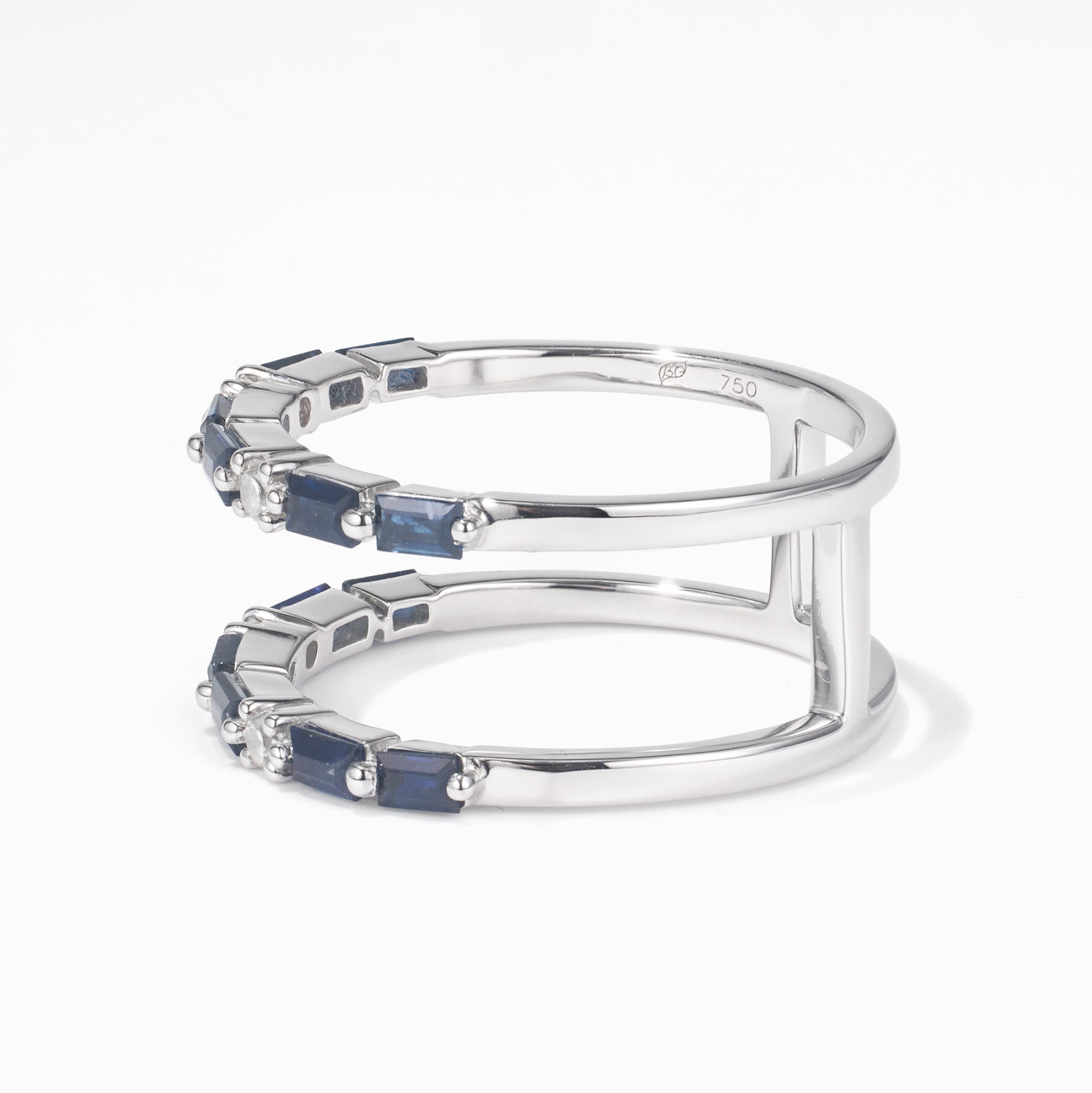 Double Row Natural Blue Sapphire and Diamond Ring in 18K White Gold - JewelryAndStore