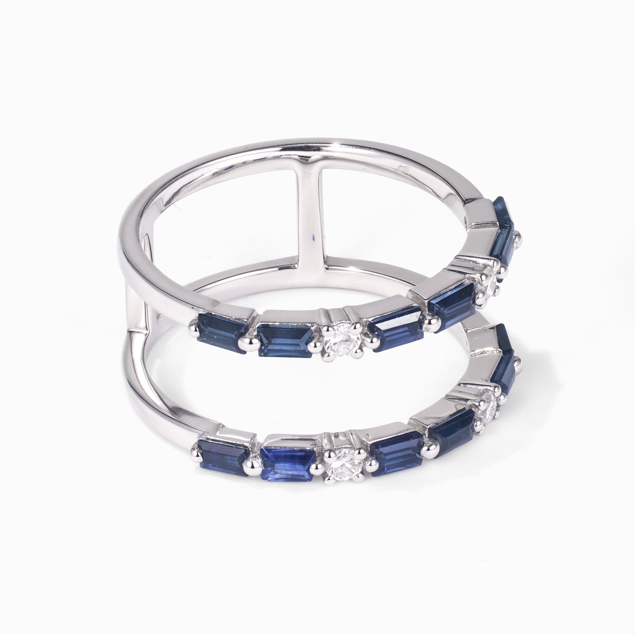 Double Row Natural Blue Sapphire and Diamond Ring in 18K White Gold - JewelryAndStore
