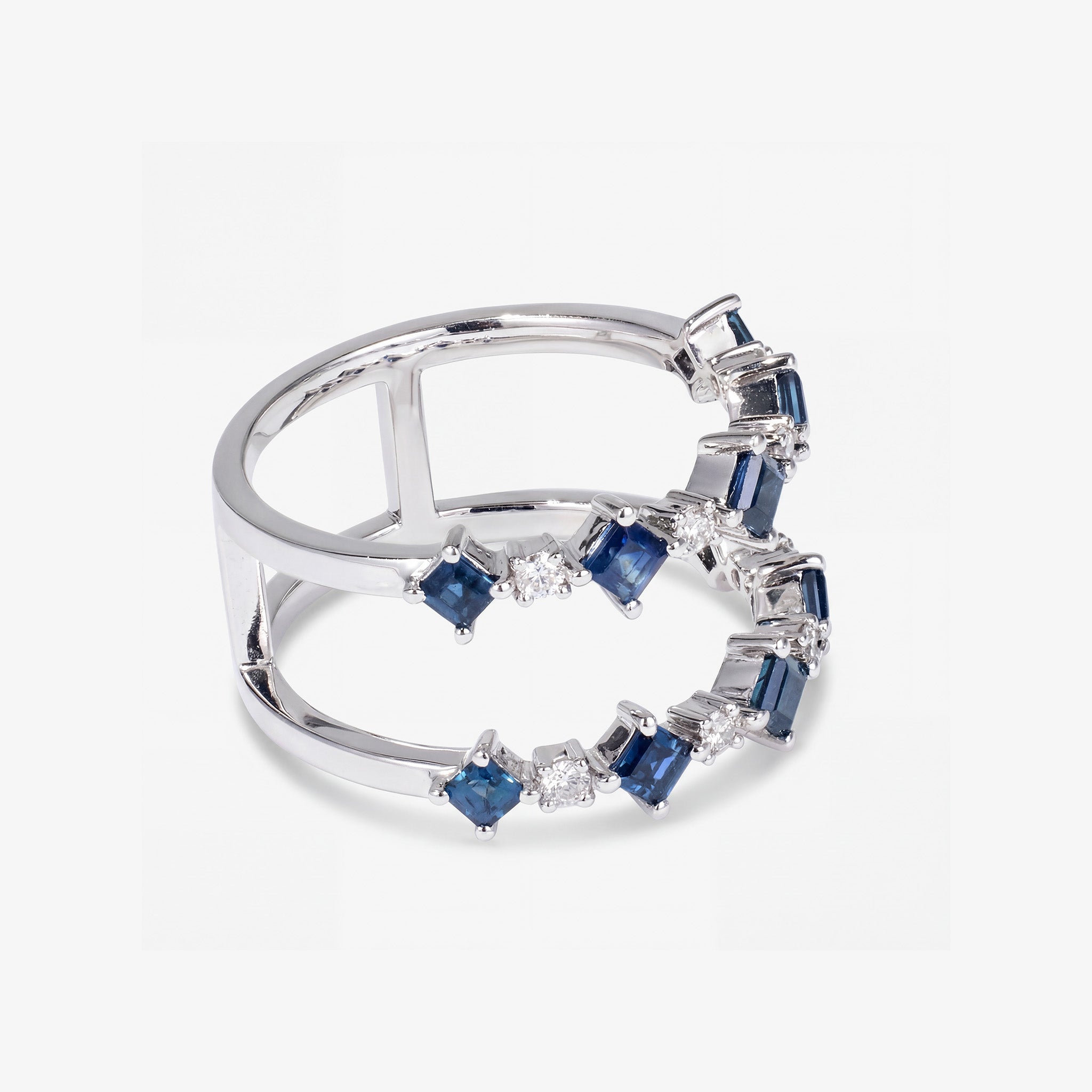 Modern Double Band Blue Sapphire and Diamond Ring in 18K White Gold - JewelryAndStore