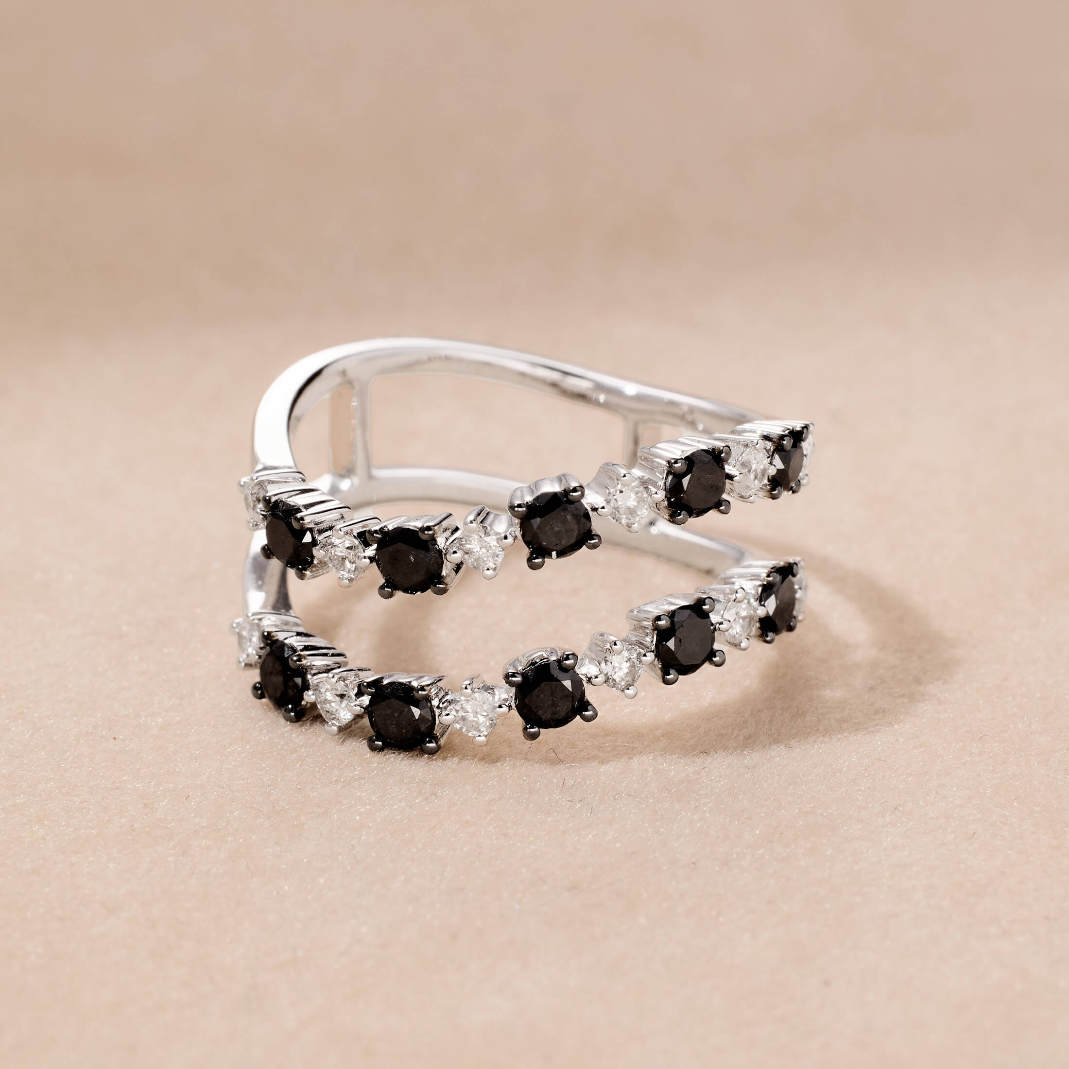 14K Gold Double - Rows Black Diamond Ring - Jewelry And Store