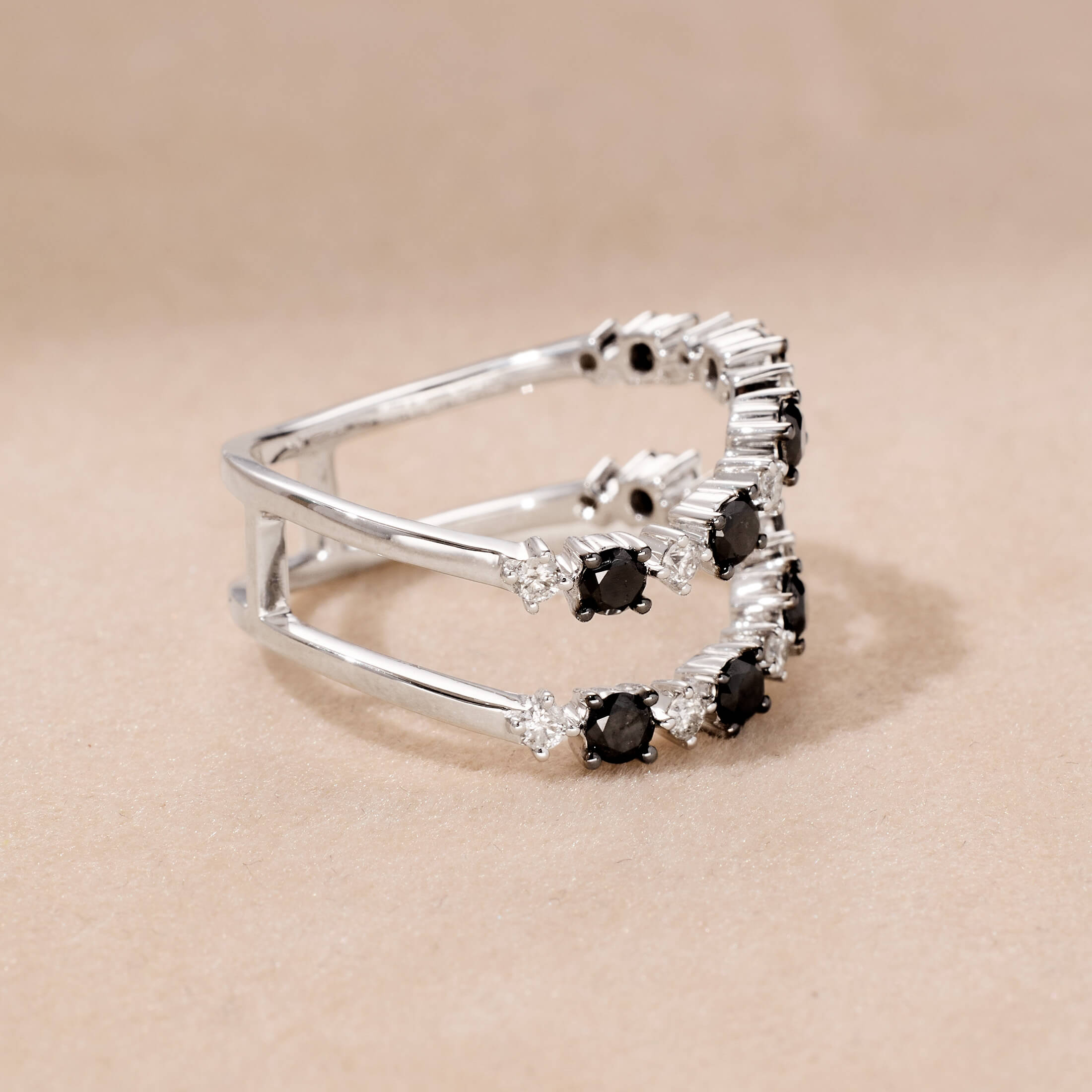 14K Gold Double - Rows Black Diamond Ring - Jewelry And Store