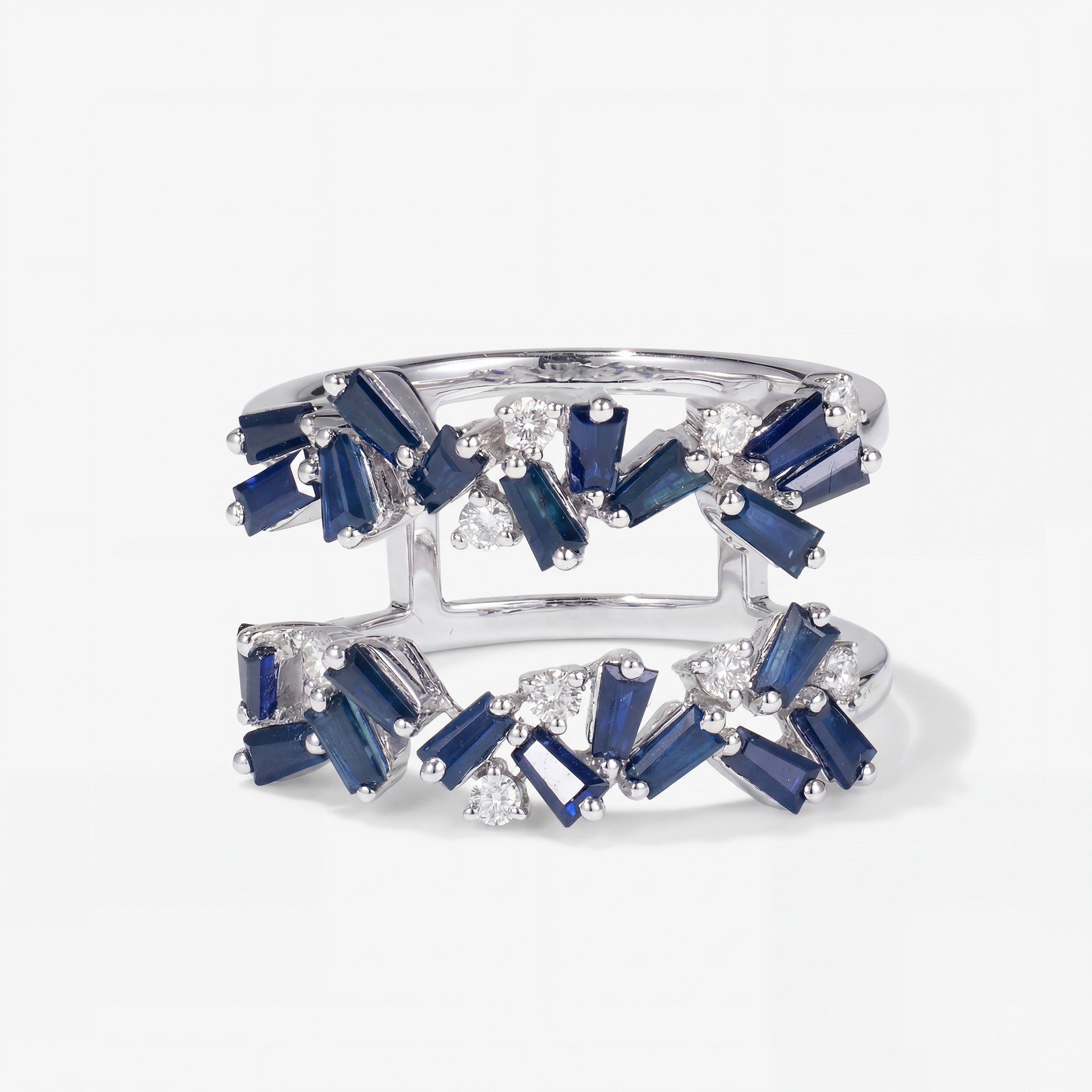 Natural Blue Sapphire and Diamond Double Row Ring in 18K White Gold - JewelryAndStore