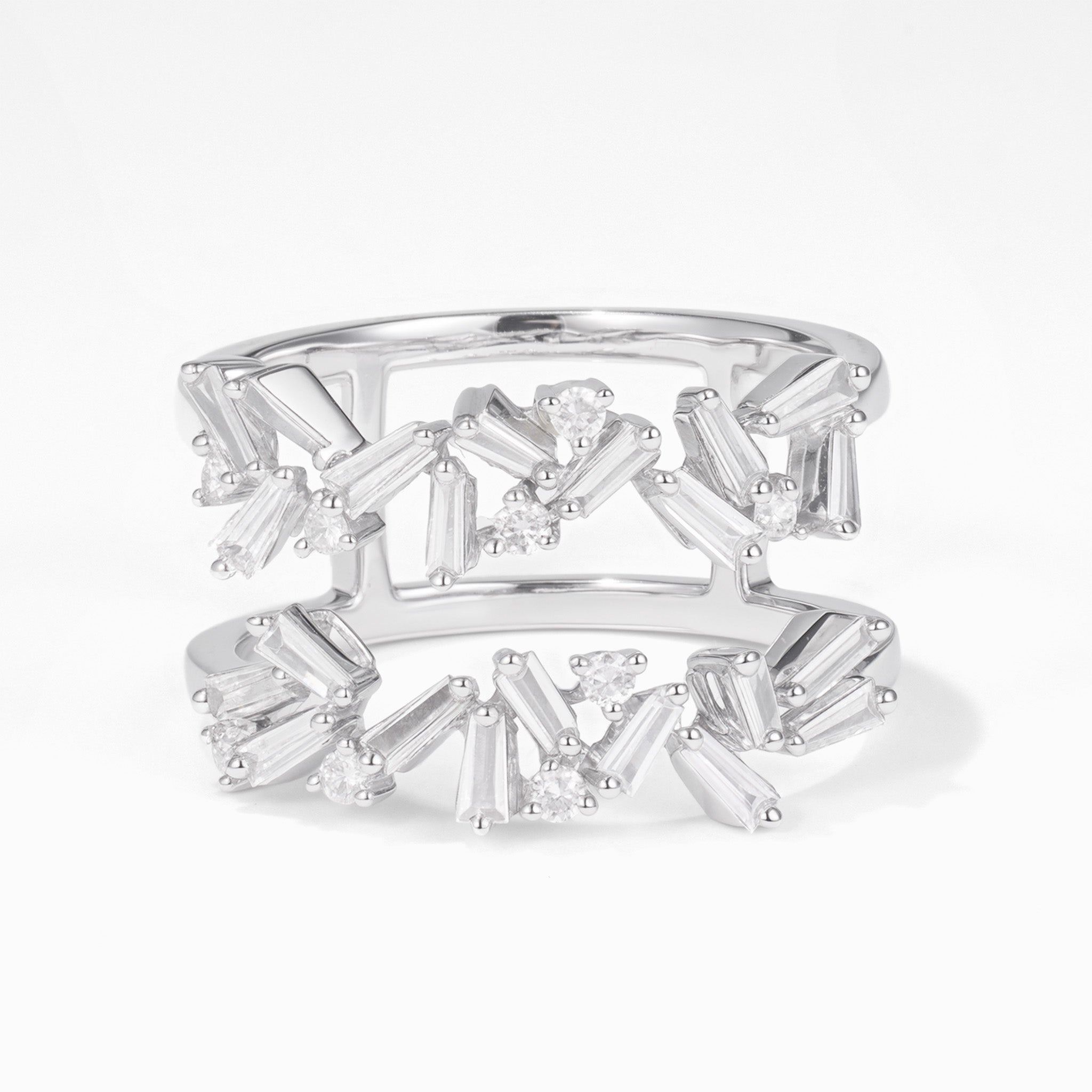 Natural Baguette and Round Diamond Double Row Ring in 18K White Gold - JewelryAndStore