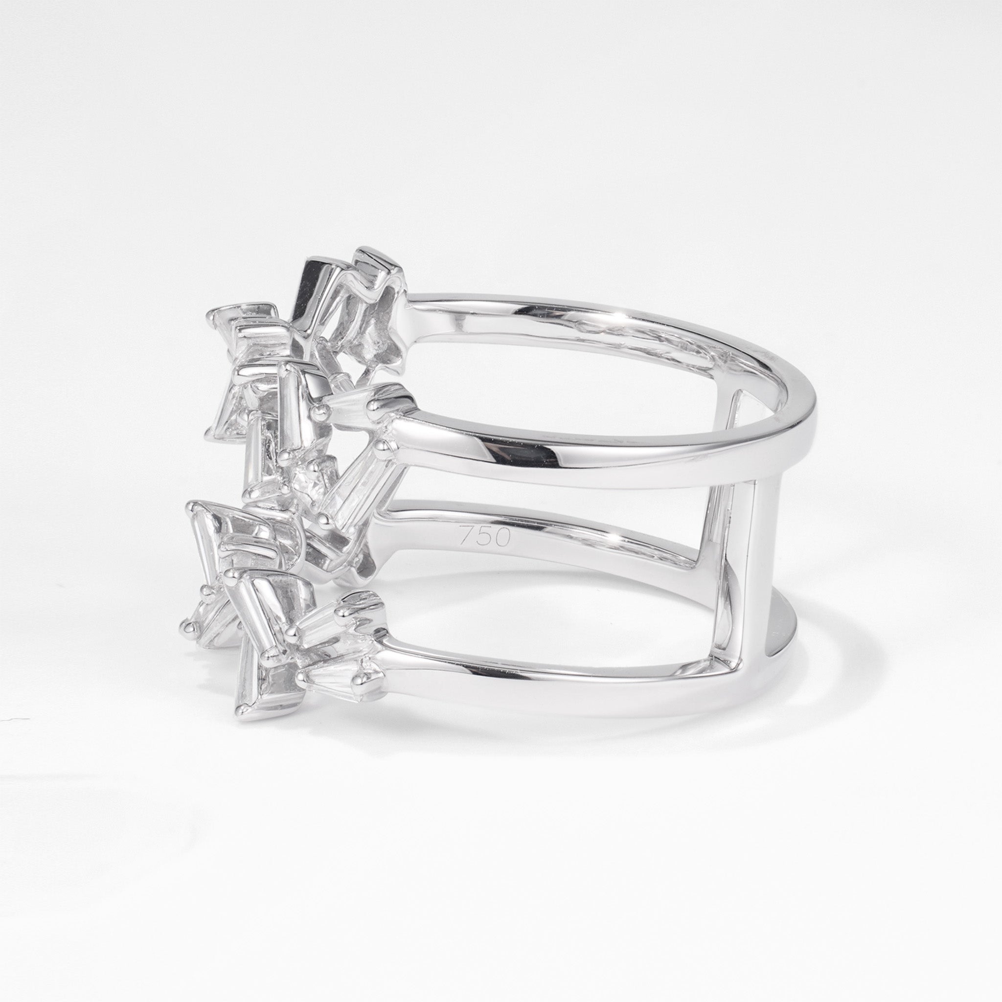 Natural Baguette and Round Diamond Double Row Ring in 18K White Gold - JewelryAndStore