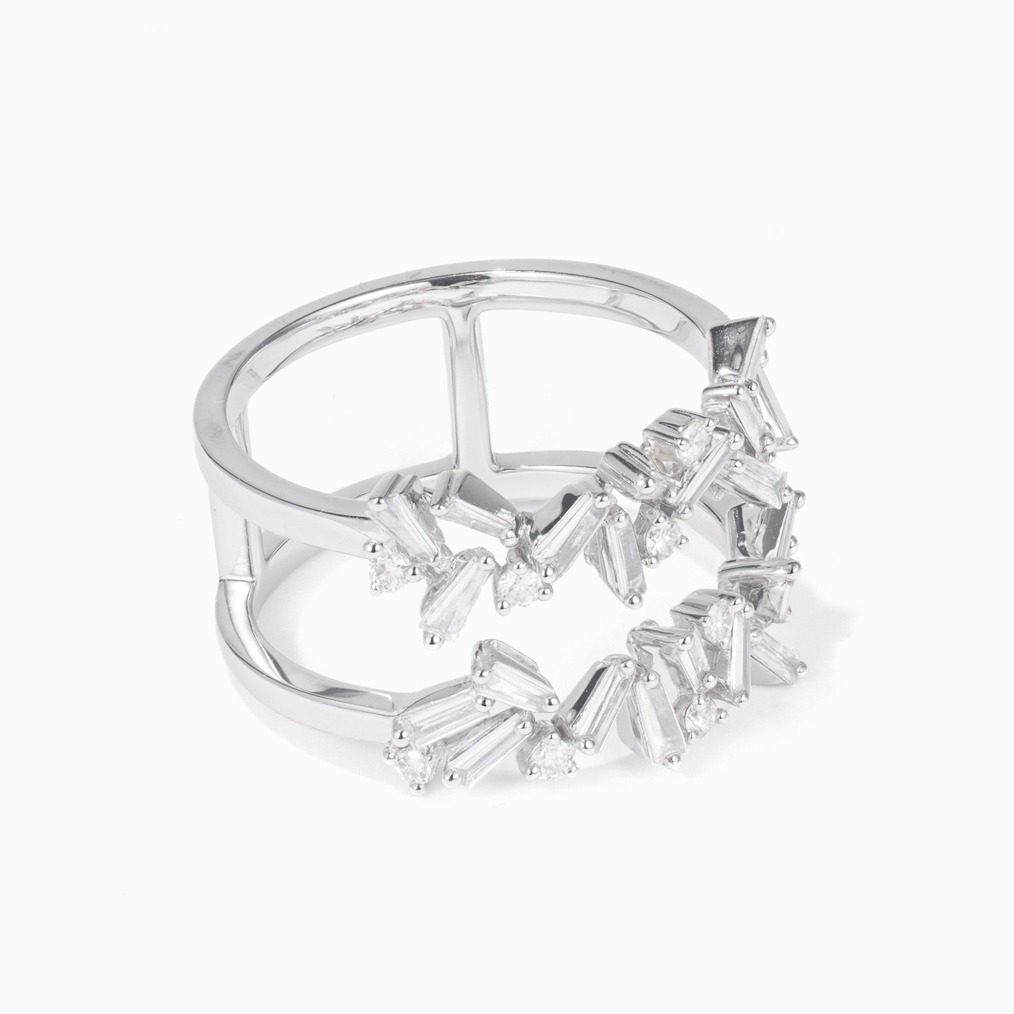 Natural Baguette and Round Diamond Double Row Ring in 18K White Gold - JewelryAndStore