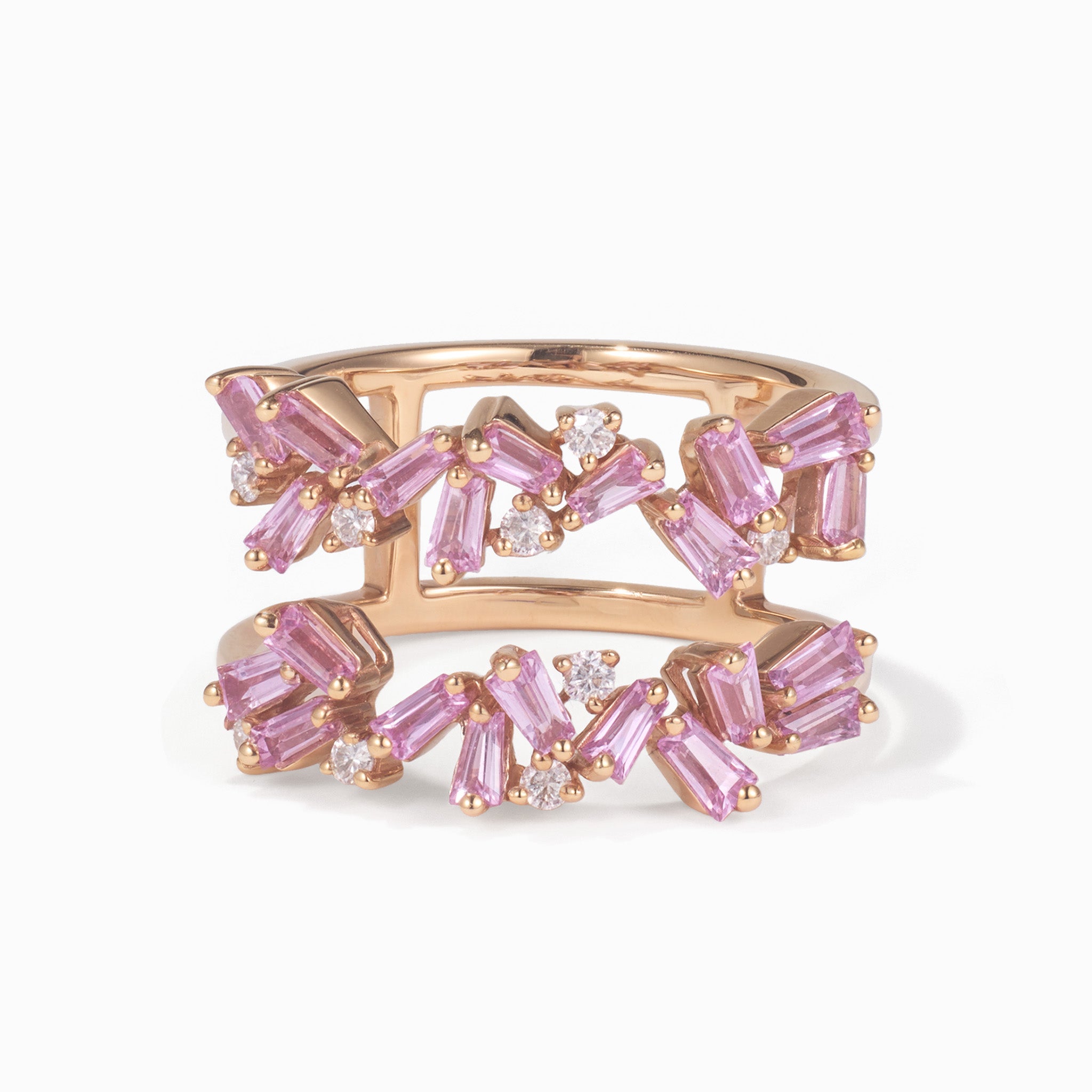 Natural Pink Sapphire and Diamond Double Row Ring in 18K Rose Gold - JewelryAndStore