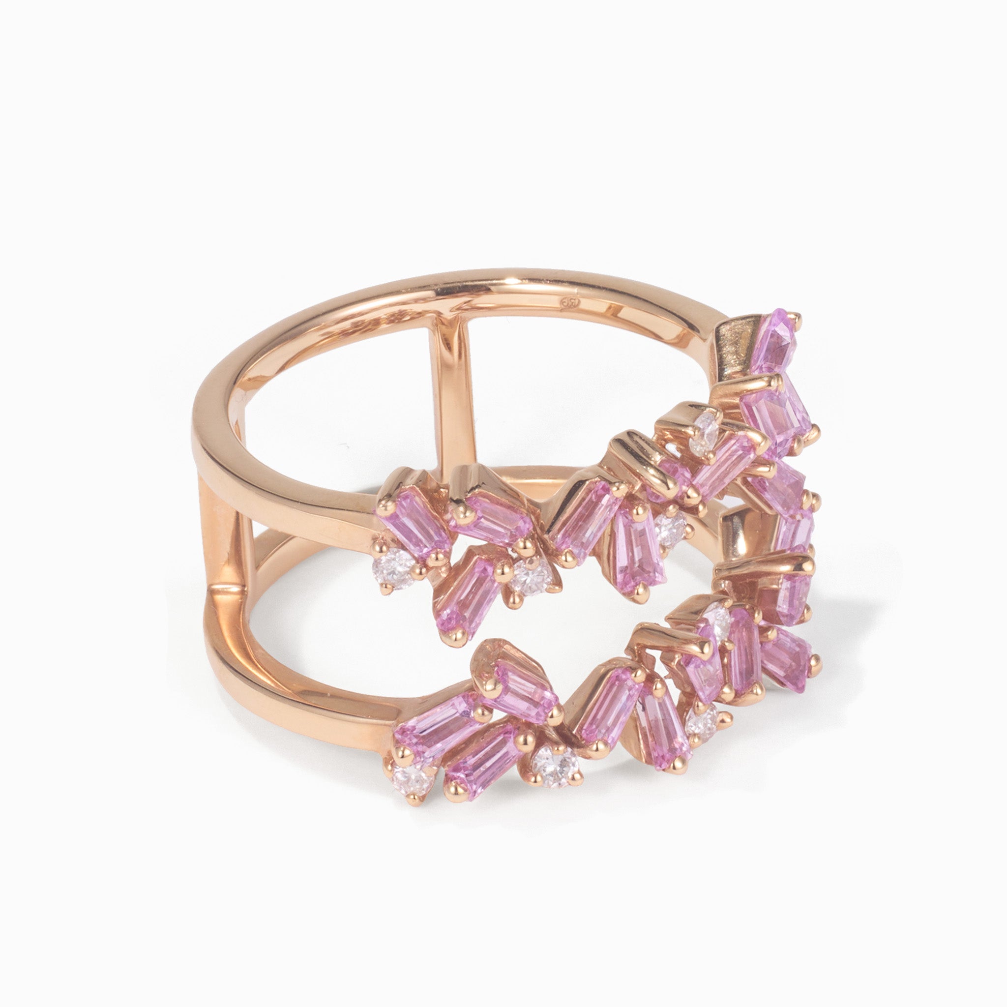 Natural Pink Sapphire and Diamond Double Row Ring in 18K Rose Gold - JewelryAndStore