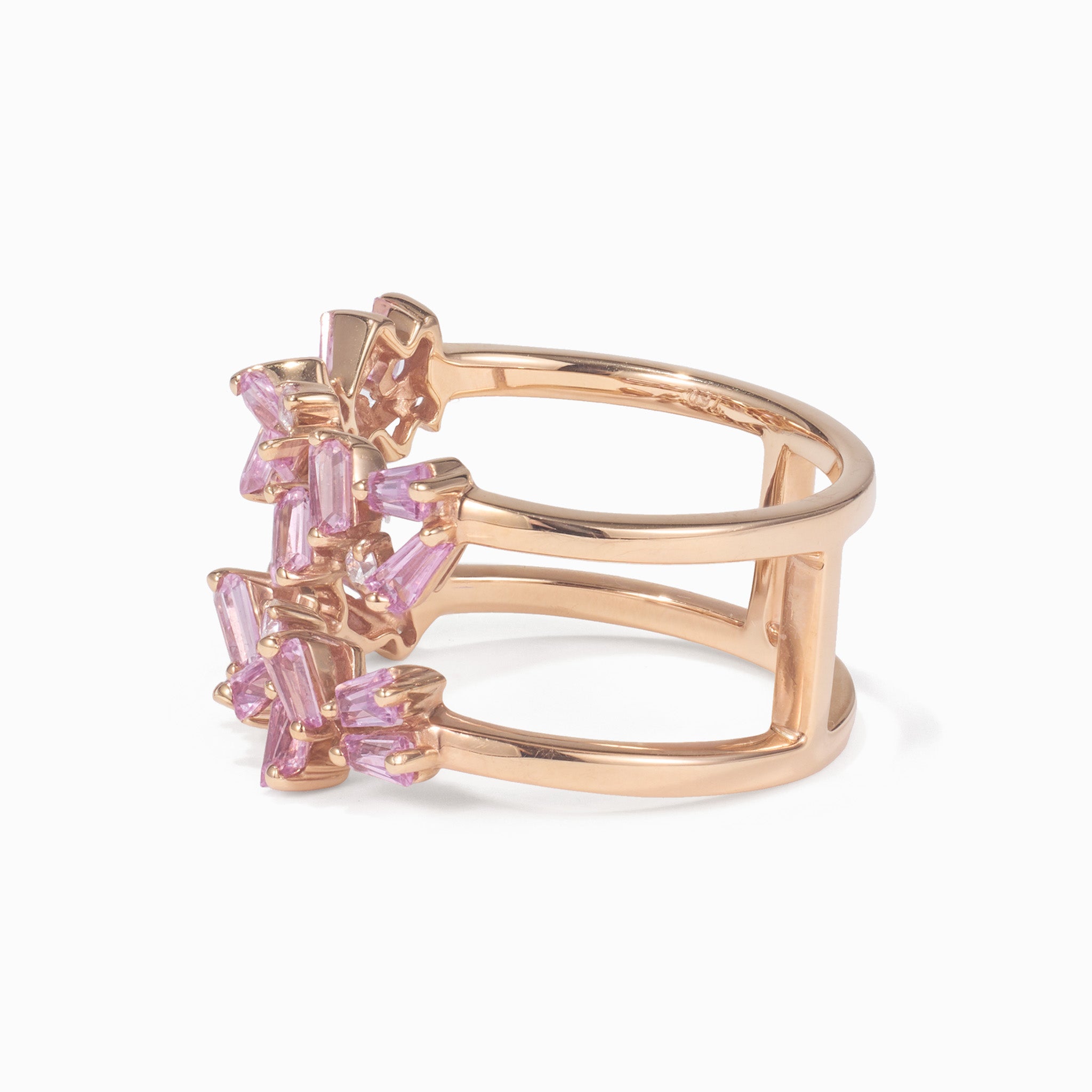 Natural Pink Sapphire and Diamond Double Row Ring in 18K Rose Gold - JewelryAndStore