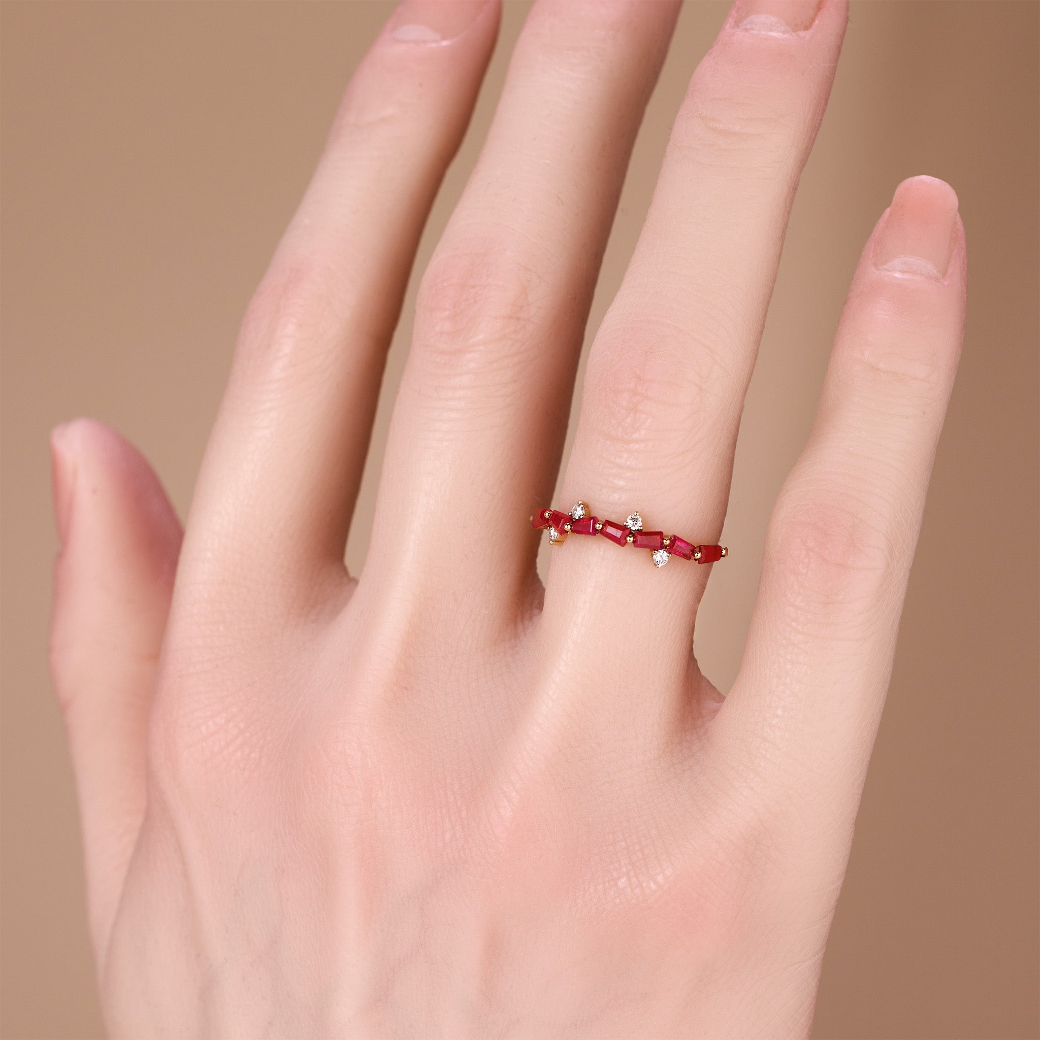 18K Rose Gold Natural Diamond and Ruby Stackable Ring - JewelryAndStore