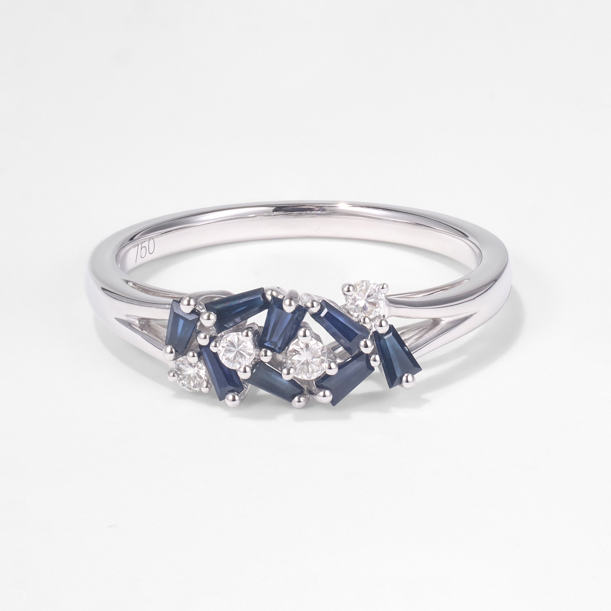 Natural Blue Sapphire Diamond Cluster Ring in 18K White Gold - JewelryAndStore