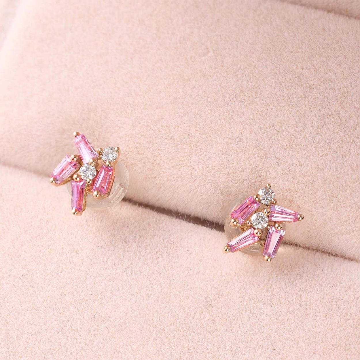 18K Gold Cluster Earring Studs with Natural Diamonds & Pink Sapphires