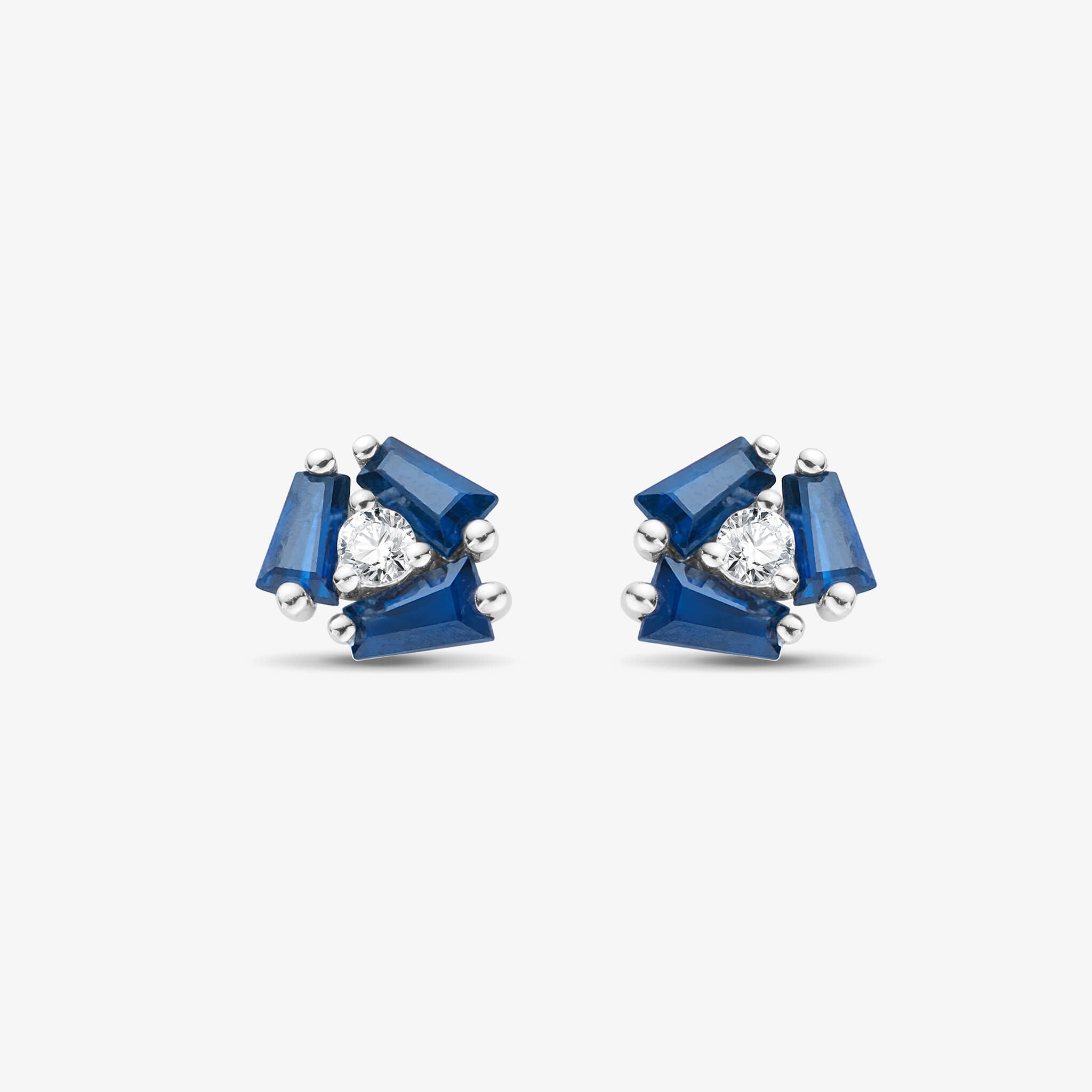 18K Gold Cluster Earring Studs with Natural Diamonds & Blue Sapphires
