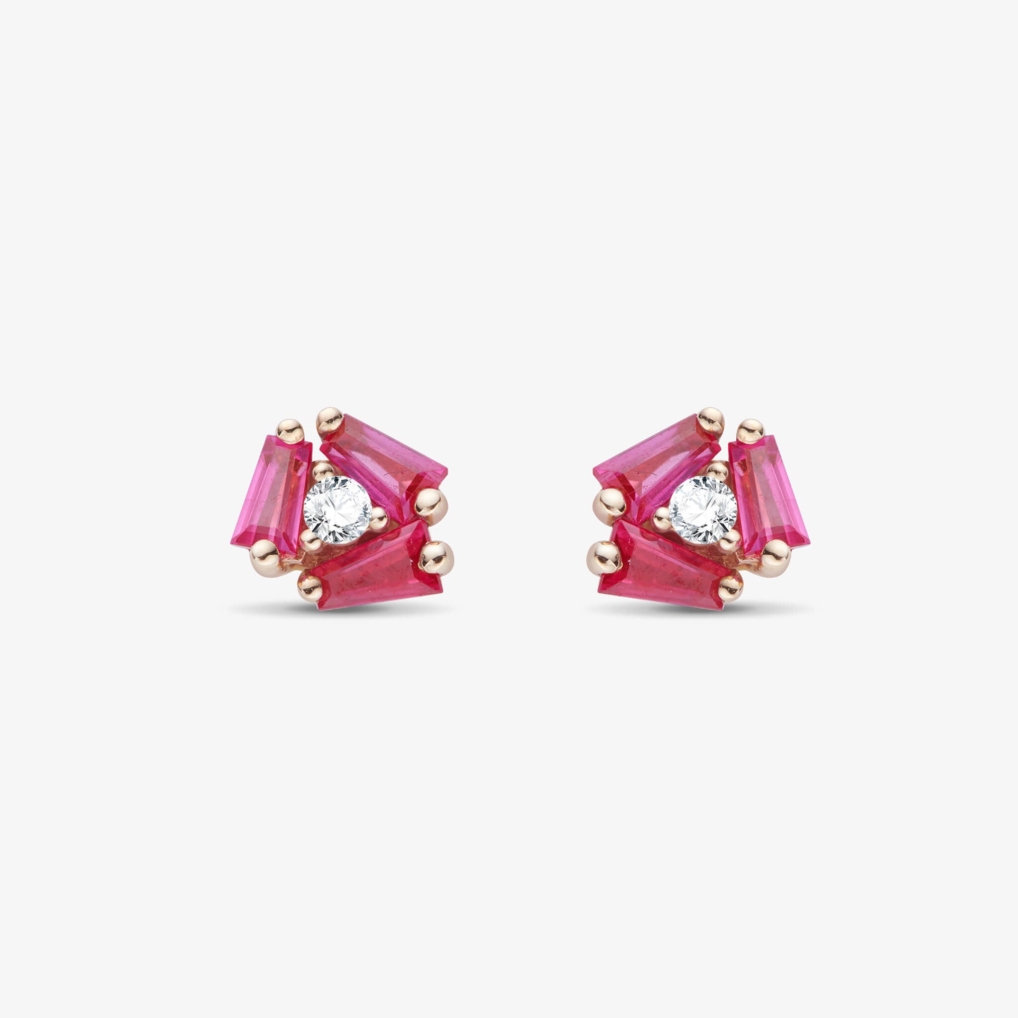 18K Gold Cluster Earring Studs with Natural Diamond & Ruby