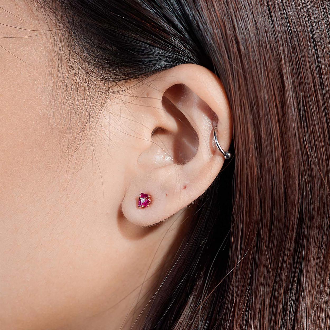 18K Gold Cluster Earring Studs with Natural Diamond & Ruby